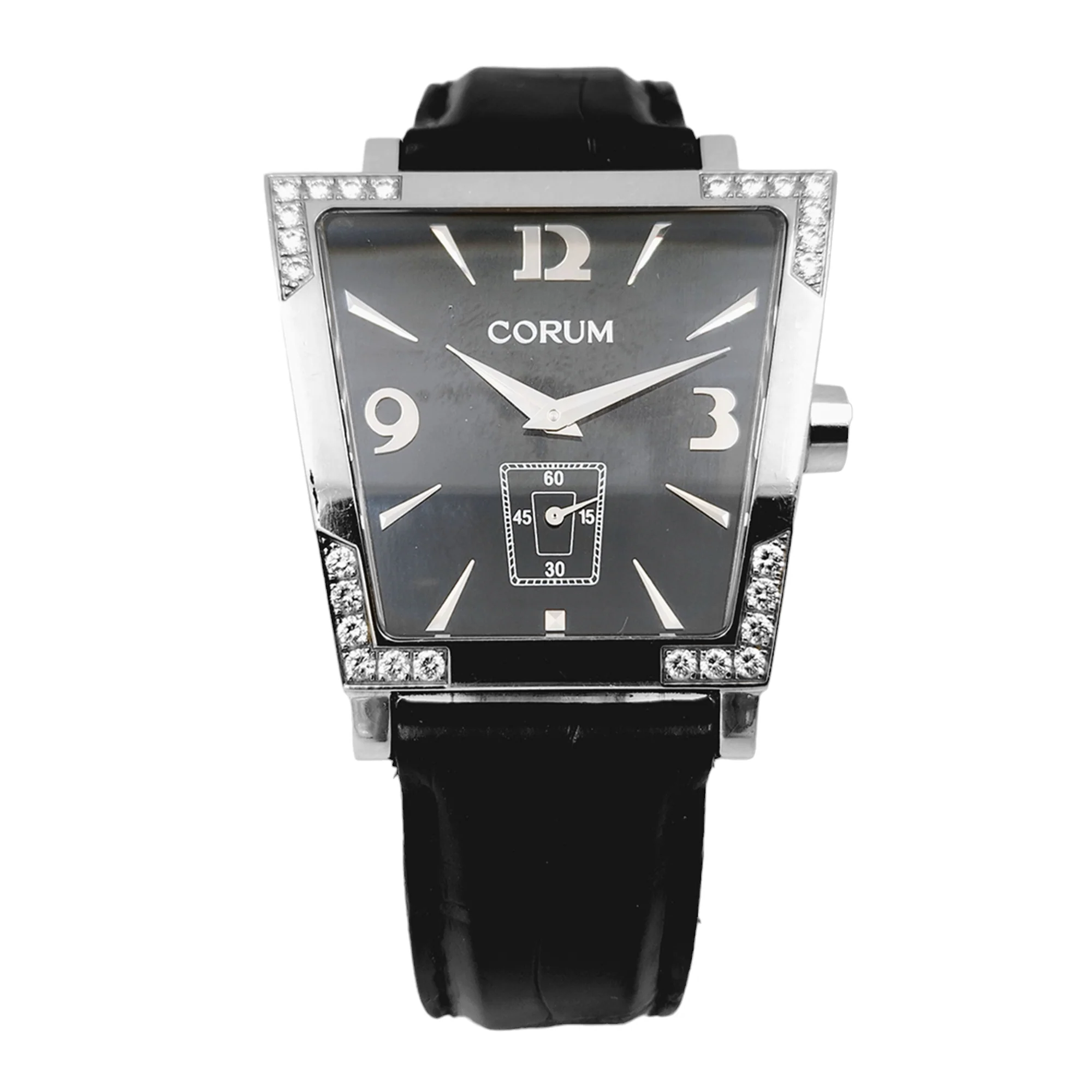 Ladies Corum Trapeze Stainless Steel Watch with Original Black Leather Band & Diamond Bezel. 106.405.47