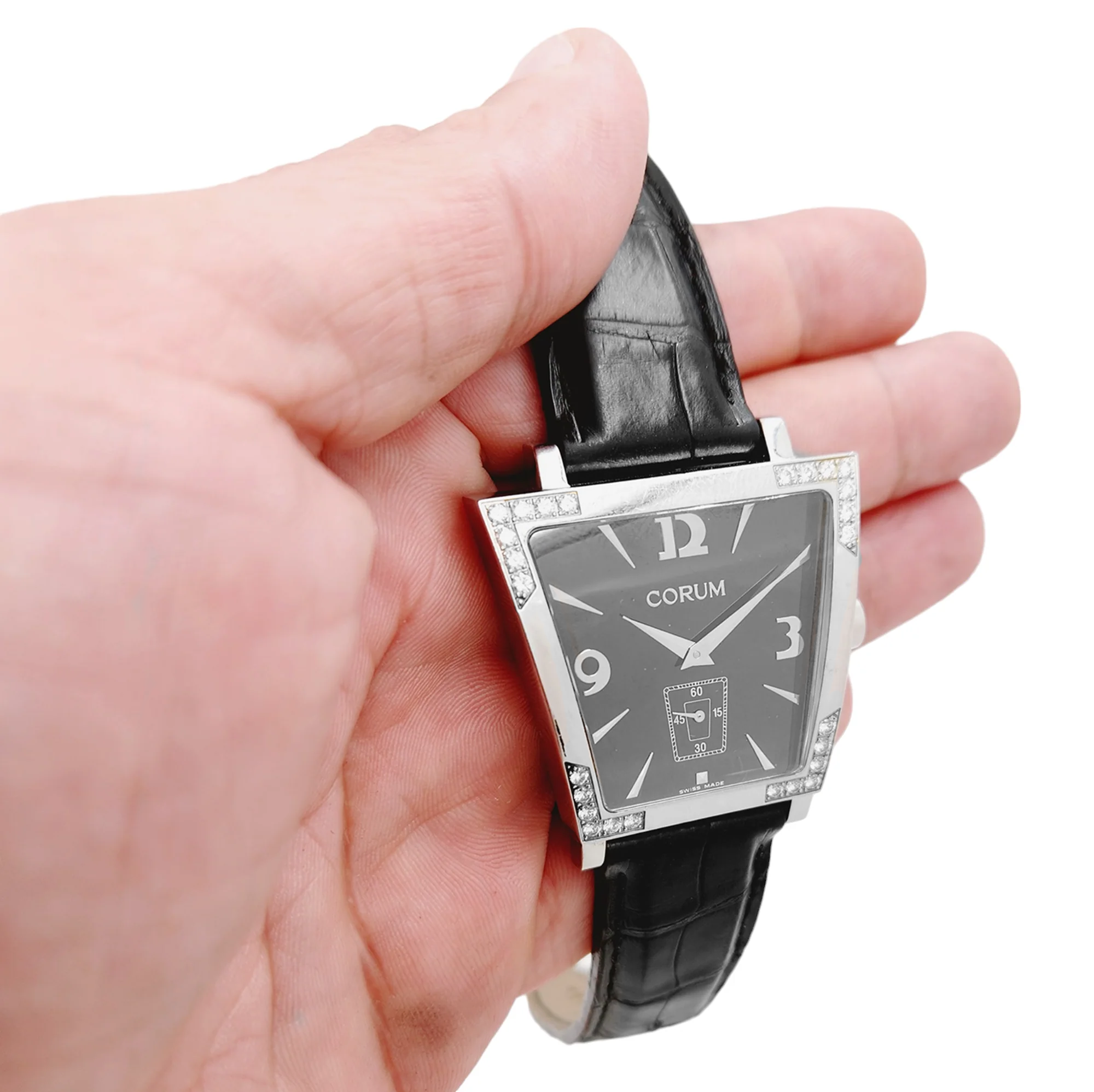 Ladies Corum Trapeze Stainless Steel Watch with Original Black Leather Band & Diamond Bezel. (Pre-Owned 106.405.47)