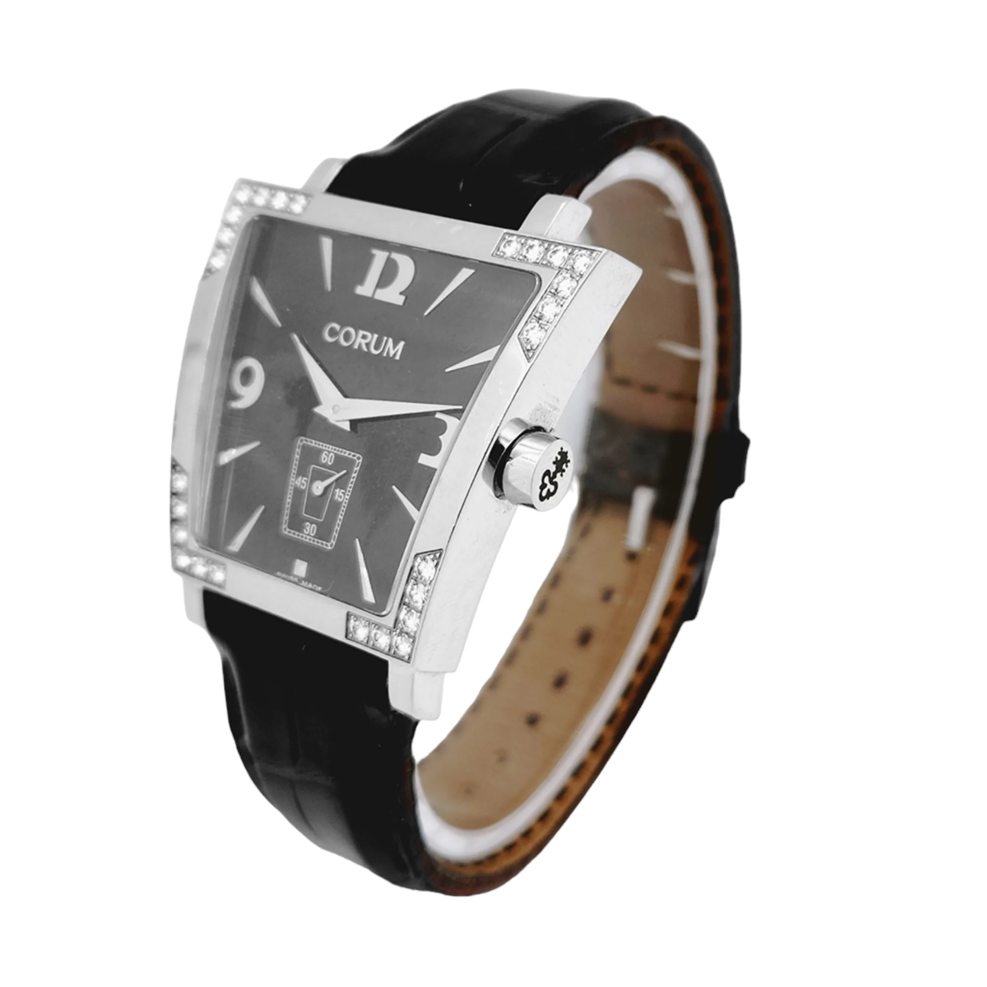 Ladies Corum Trapeze Stainless Steel Watch with Original Black Leather Band & Diamond Bezel. (Pre-Owned 106.405.47)