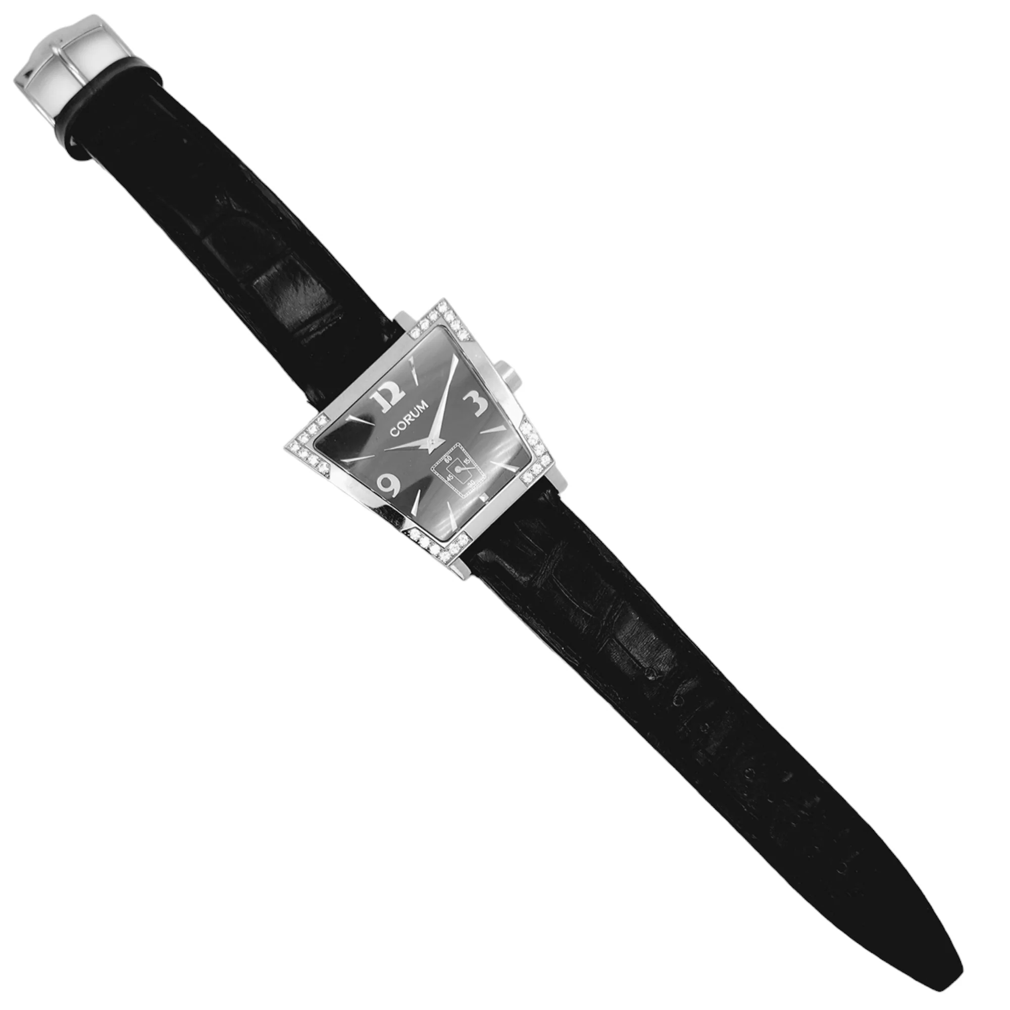 Ladies Corum Trapeze Stainless Steel Watch with Original Black Leather Band & Diamond Bezel. (Pre-Owned 106.405.47)