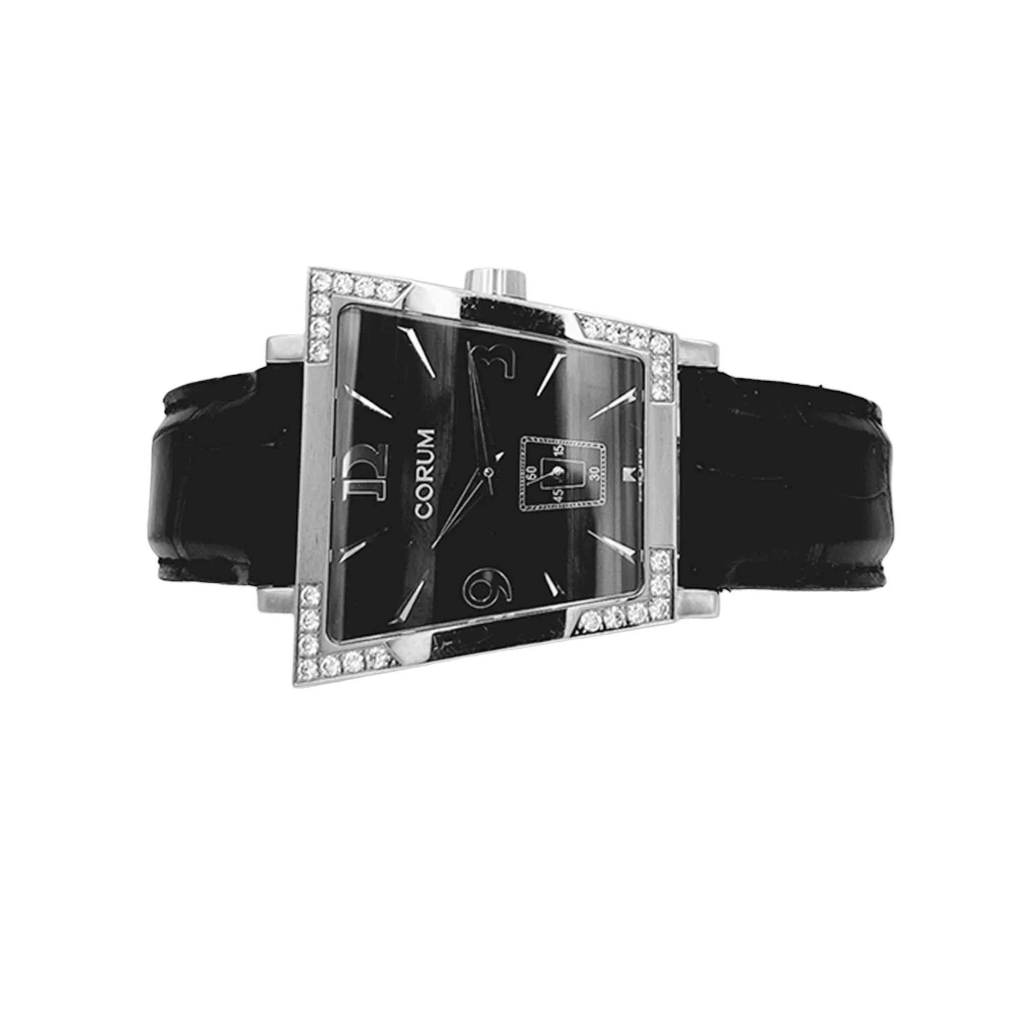 Ladies Corum Trapeze Stainless Steel Watch with Original Black Leather Band & Diamond Bezel. (Pre-Owned 106.405.47)