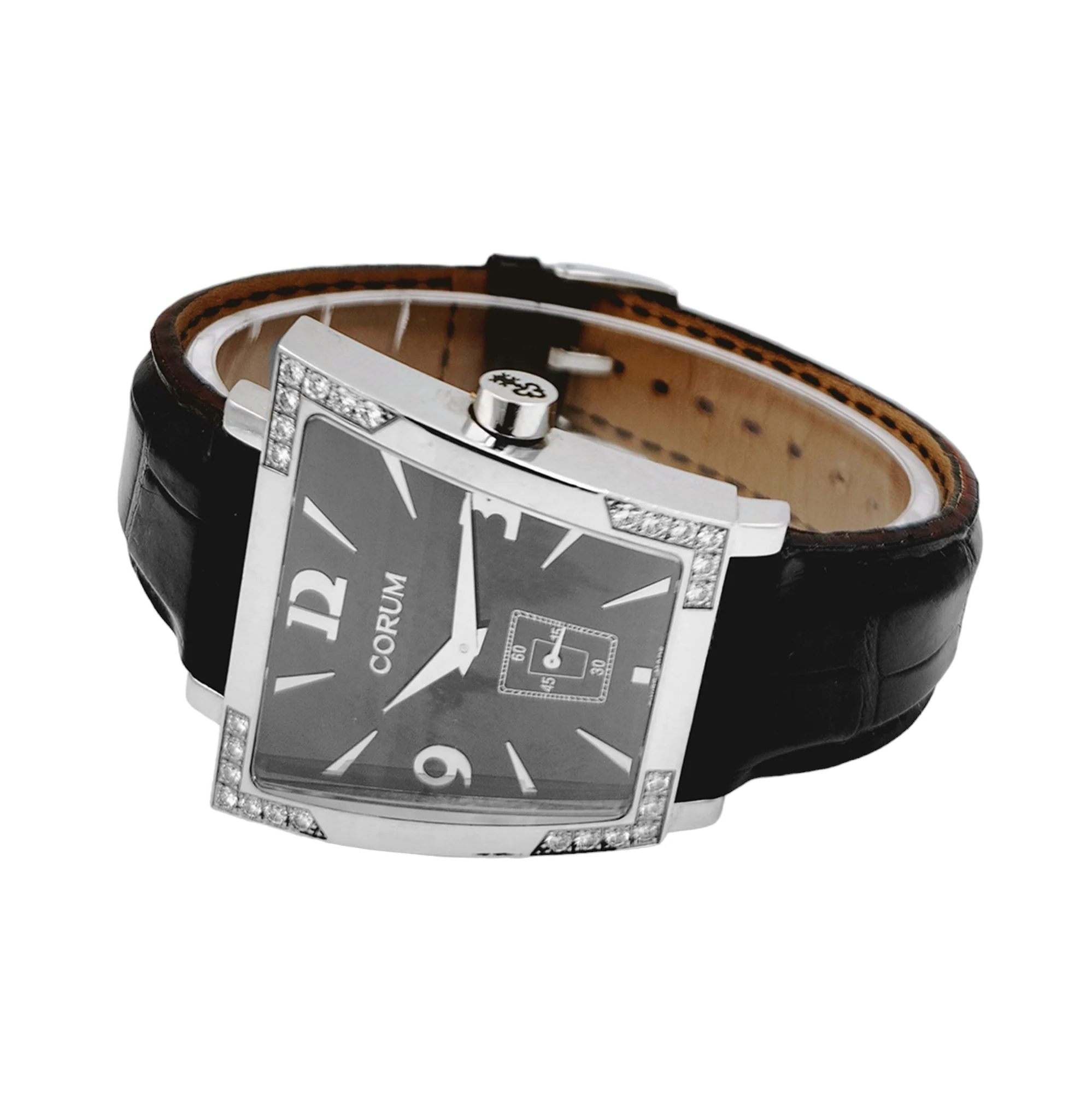 Ladies Corum Trapeze Stainless Steel Watch with Original Black Leather Band & Diamond Bezel. (Pre-Owned 106.405.47)