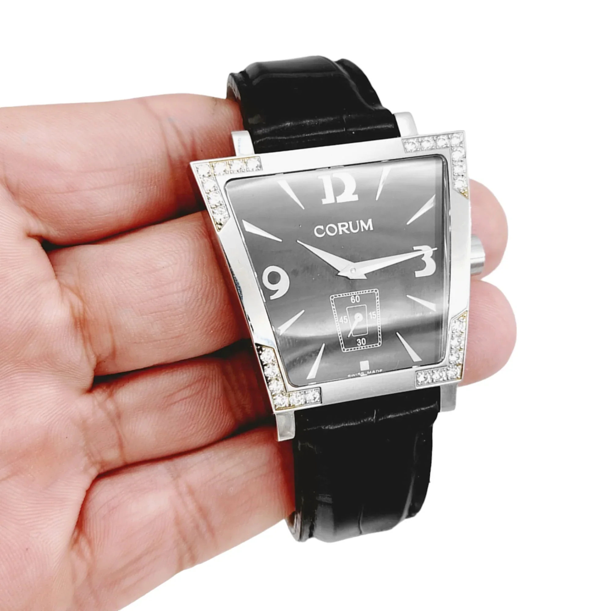 Ladies Corum Trapeze Stainless Steel Watch with Original Black Leather Band & Diamond Bezel. (Pre-Owned 106.405.47)