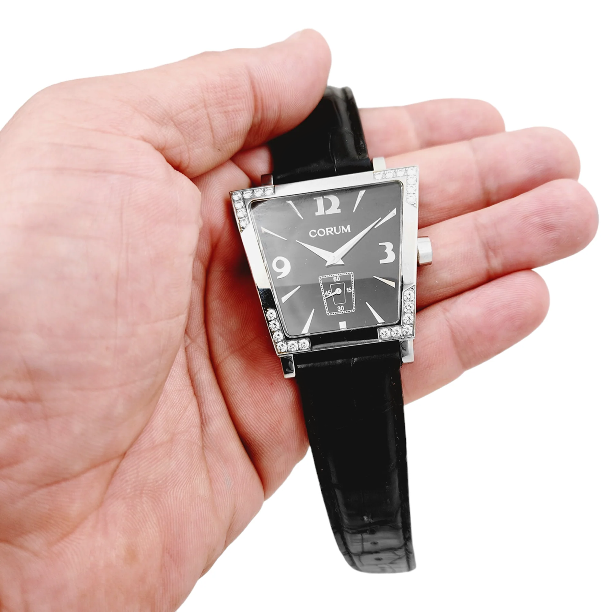 Ladies Corum Trapeze Stainless Steel Watch with Original Black Leather Band & Diamond Bezel. (Pre-Owned 106.405.47)
