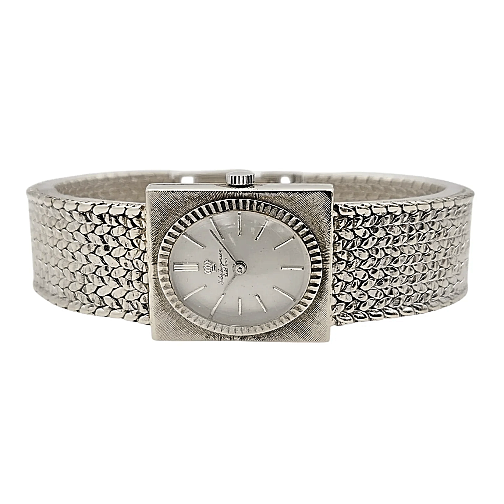 Ladies Jules Jurgensen 25mm Vintage 14K White Gold Watch with Silver Oval Dial. (Pre-Owned)