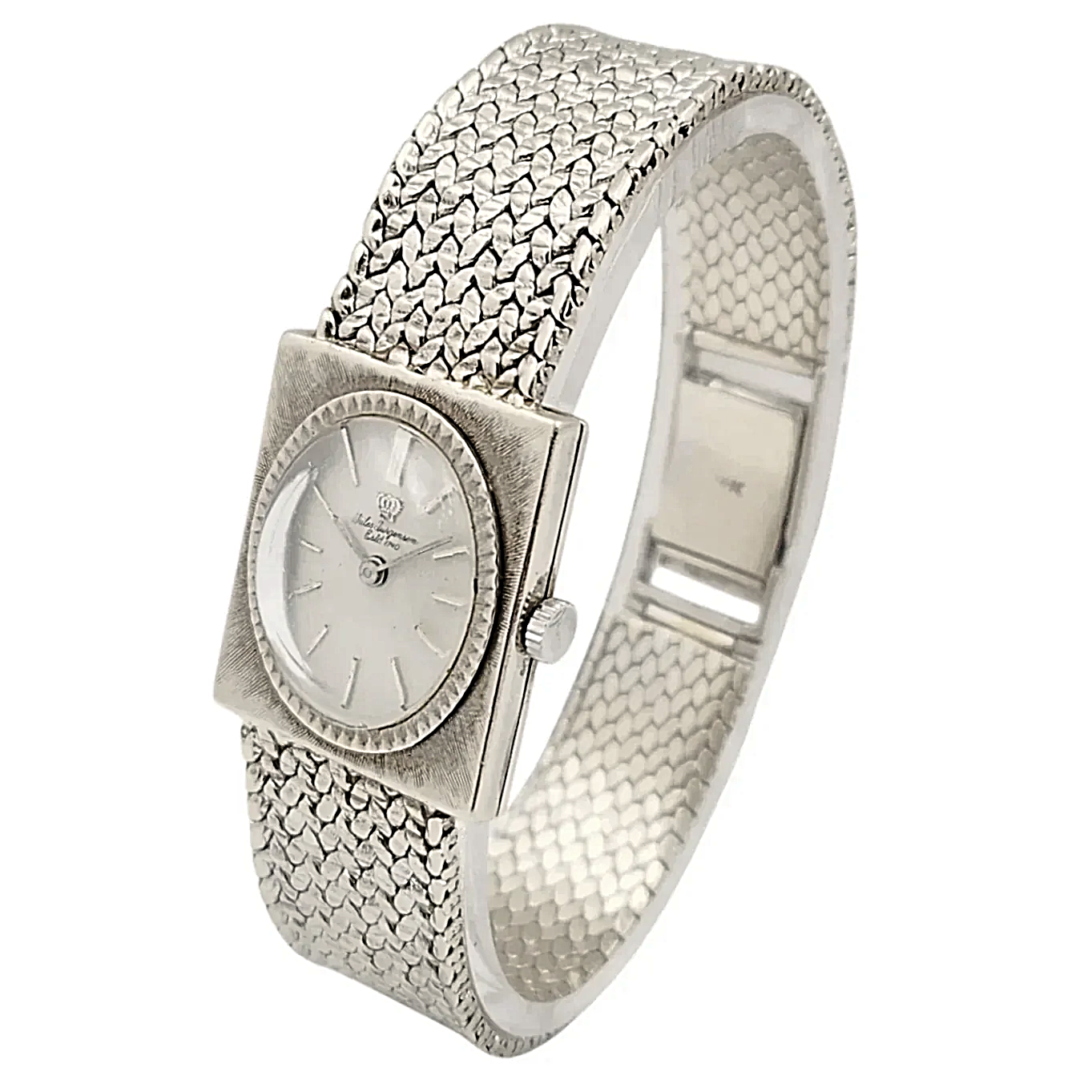 Ladies Jules Jurgensen 25mm Vintage 14K White Gold Watch with Silver Oval Dial. (Pre-Owned)