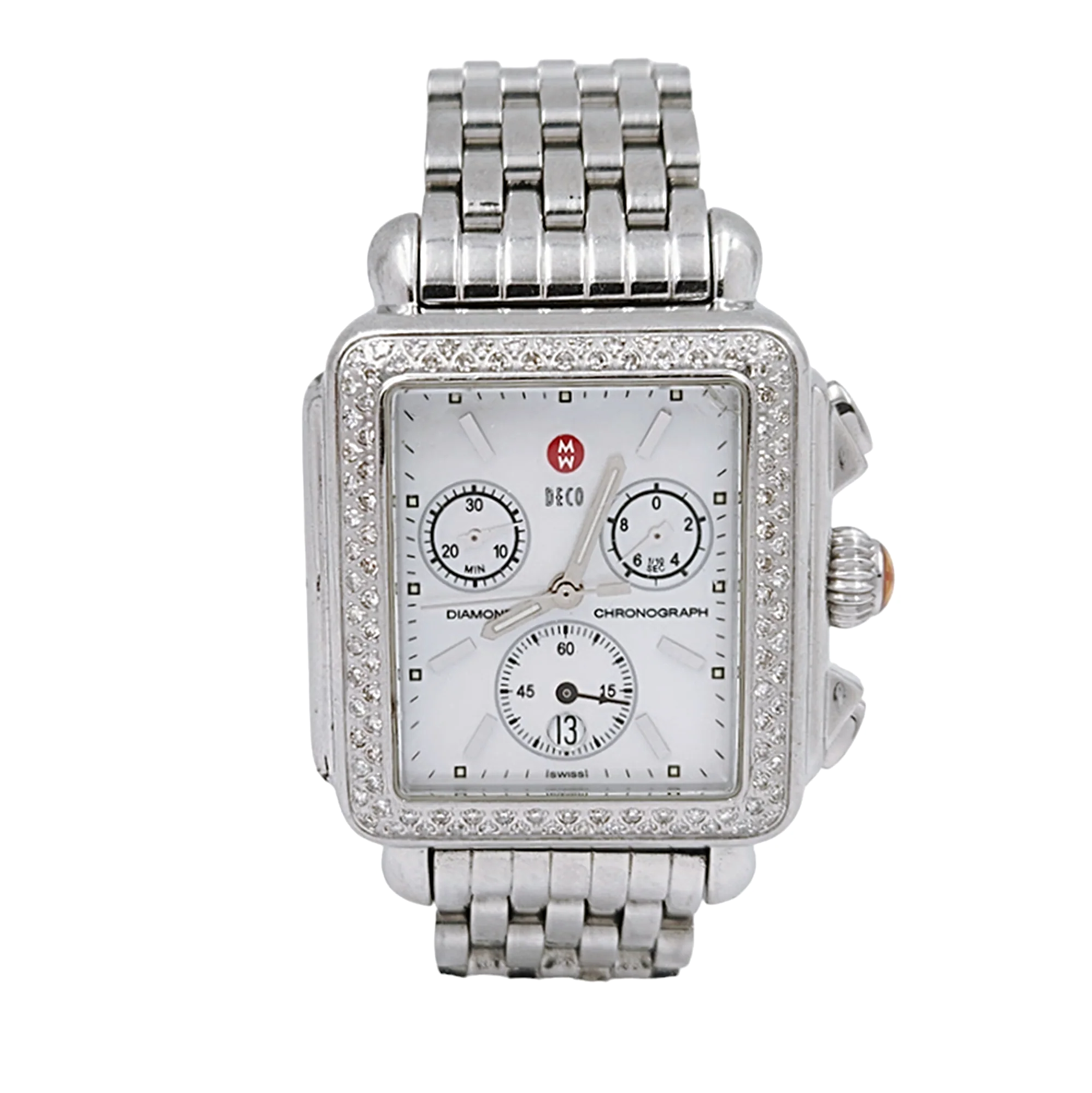 Ladies Michele Deco 33mm Stainless Steel Watch with Mother of Pearl Chronograph Dial and Diamond Bezel. (Pre-Owned MW06A01)