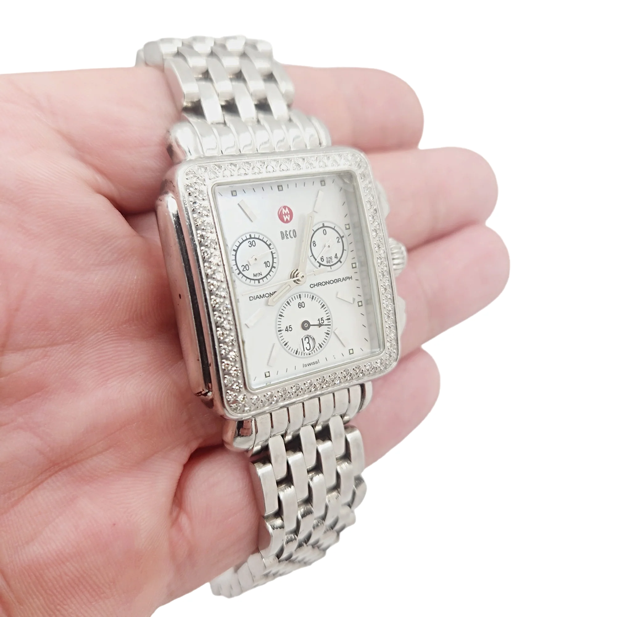 Ladies Michele Deco 33mm Stainless Steel Watch with Mother of Pearl Chronograph Dial and Diamond Bezel. (Pre-Owned MW06A01)
