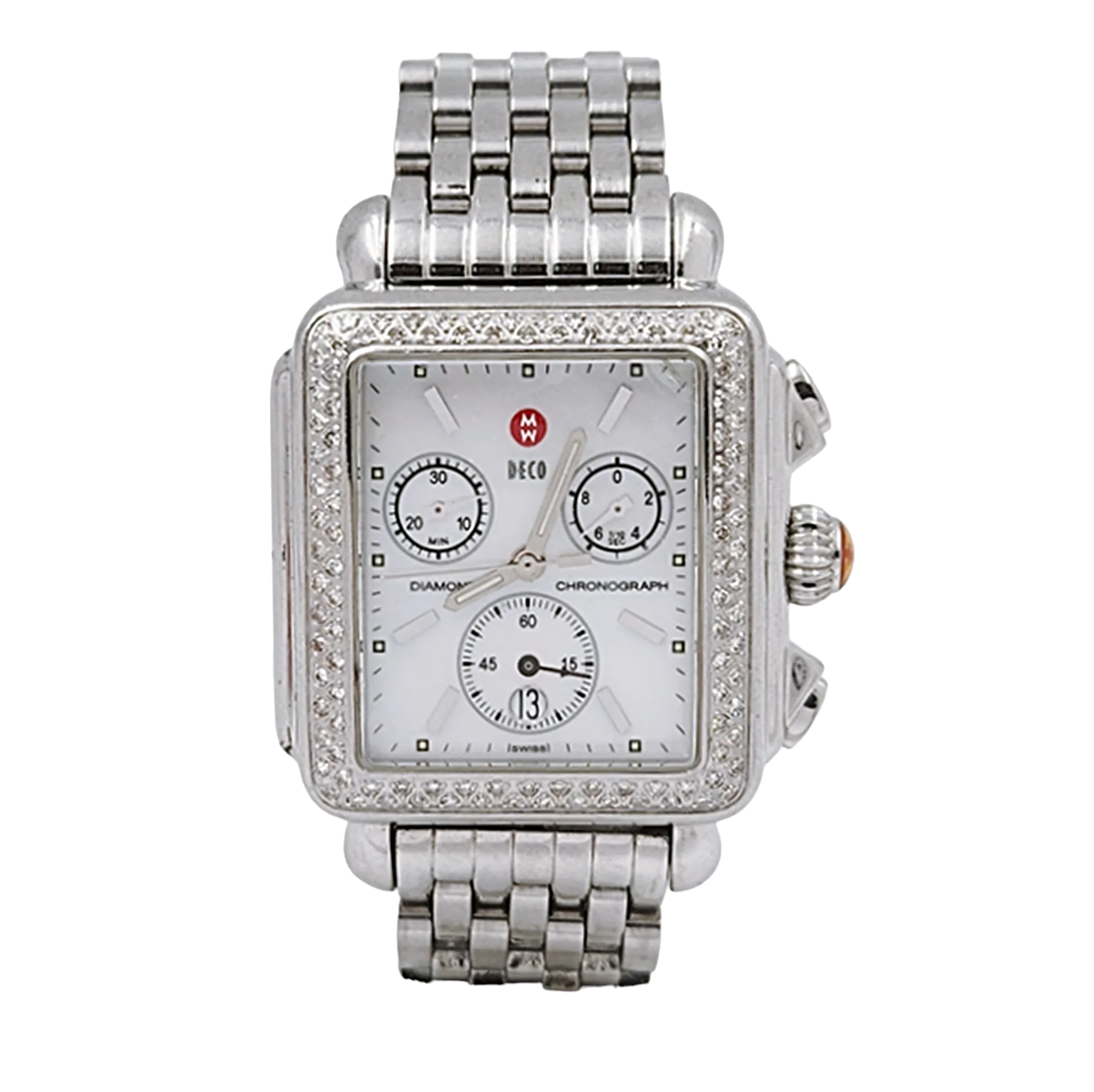 Ladies Michele Deco 33mm Stainless Steel Watch with Mother of Pearl Chronograph Dial and Diamond Bezel. (Pre-Owned MW06A01)