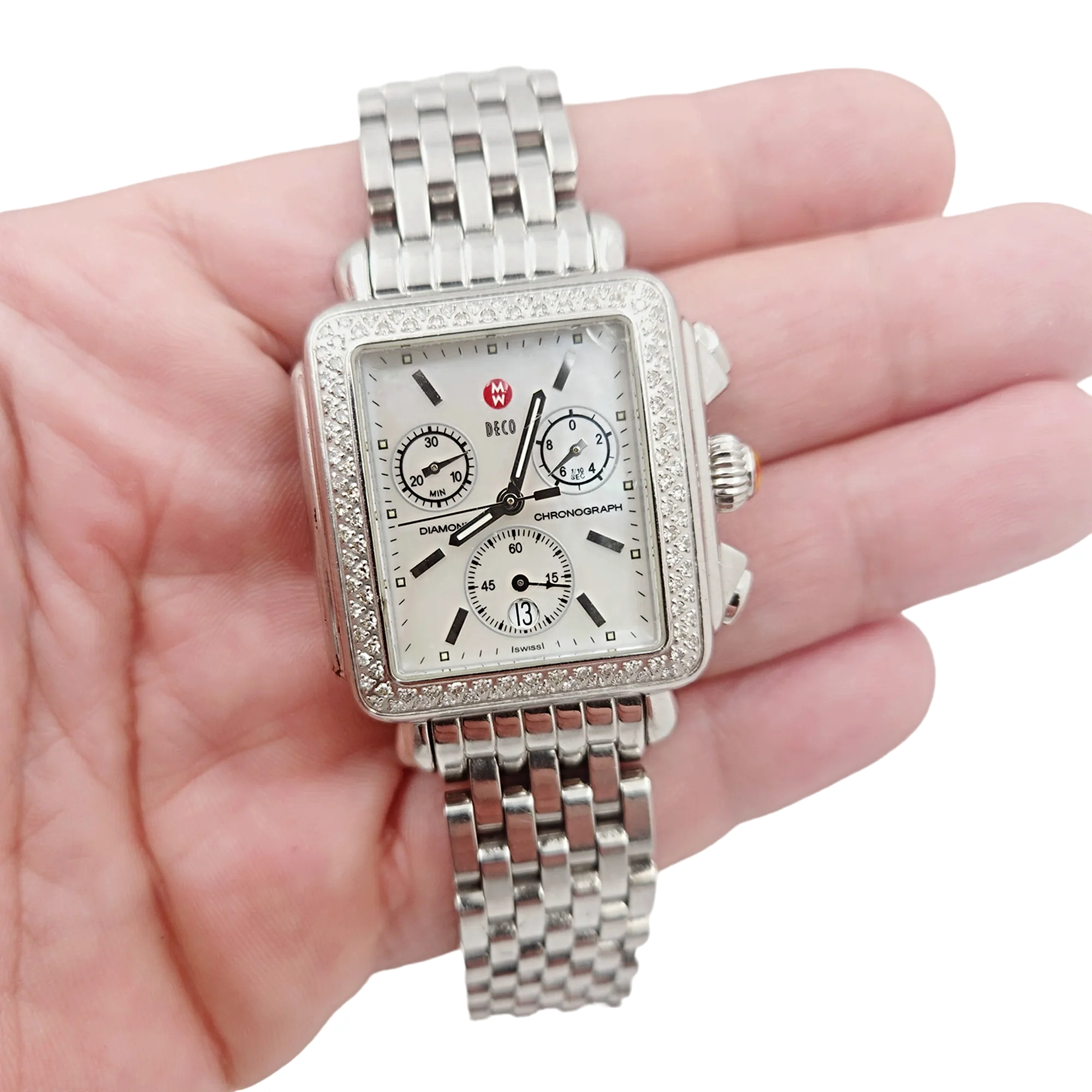 Ladies Michele Deco 33mm Stainless Steel Watch with Mother of Pearl Chronograph Dial and Diamond Bezel. (Pre-Owned MW06A01)