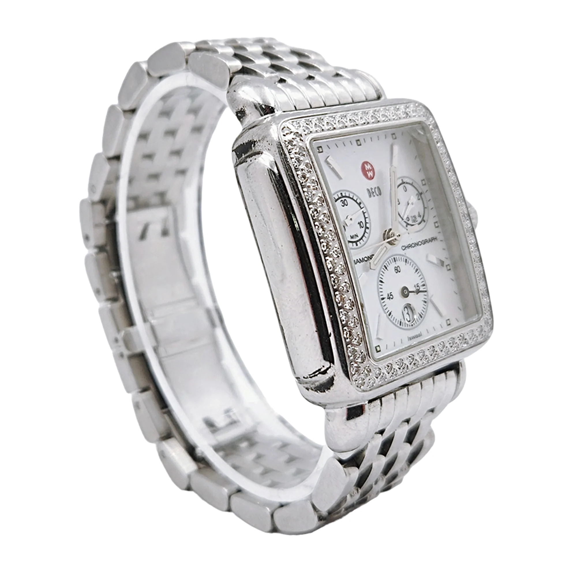 Ladies Michele Deco 33mm Stainless Steel Watch with Mother of Pearl Chronograph Dial and Diamond Bezel. (Pre-Owned MW06A01)