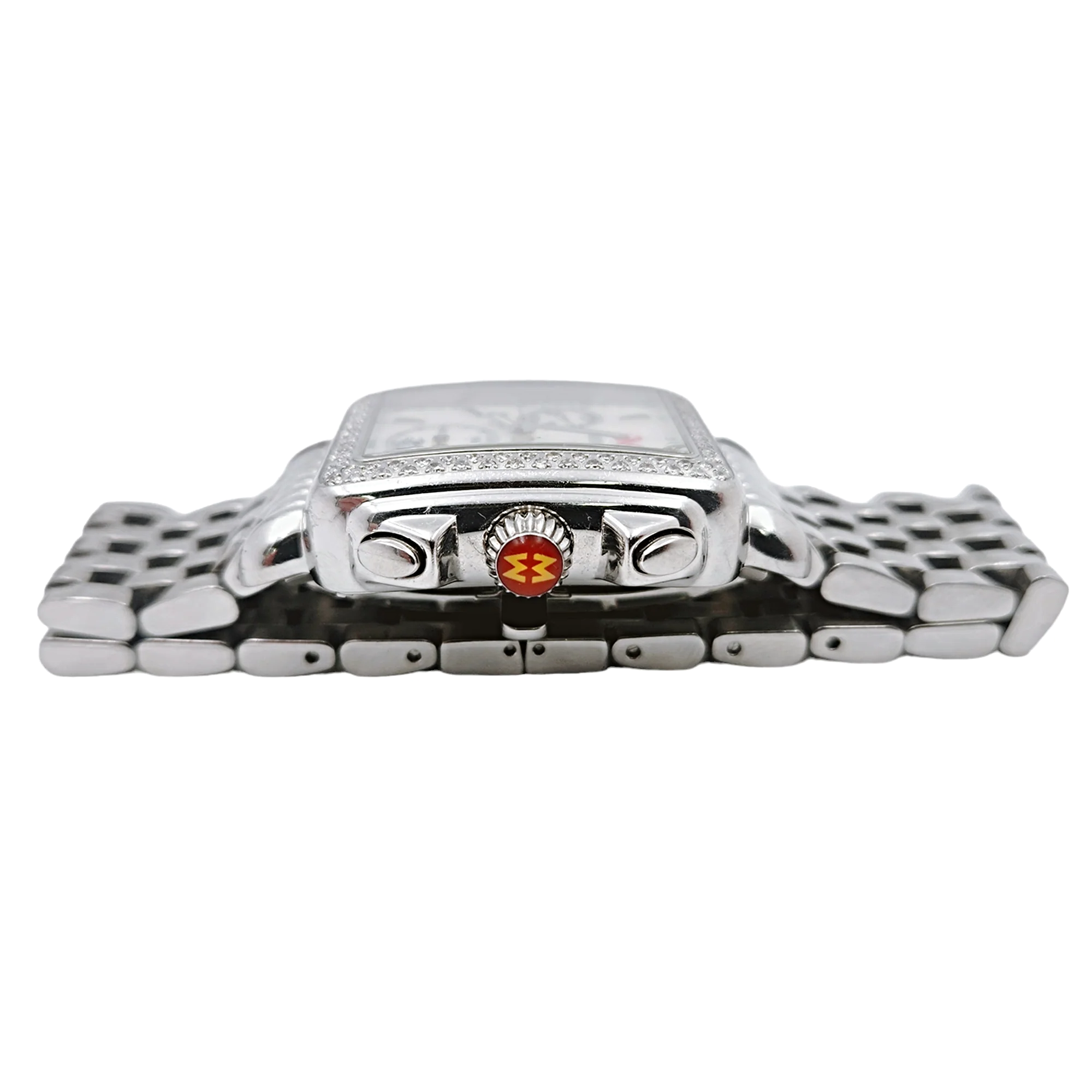 Ladies Michele Deco 33mm Stainless Steel Watch with Mother of Pearl Chronograph Dial and Diamond Bezel. (Pre-Owned MW06A01)