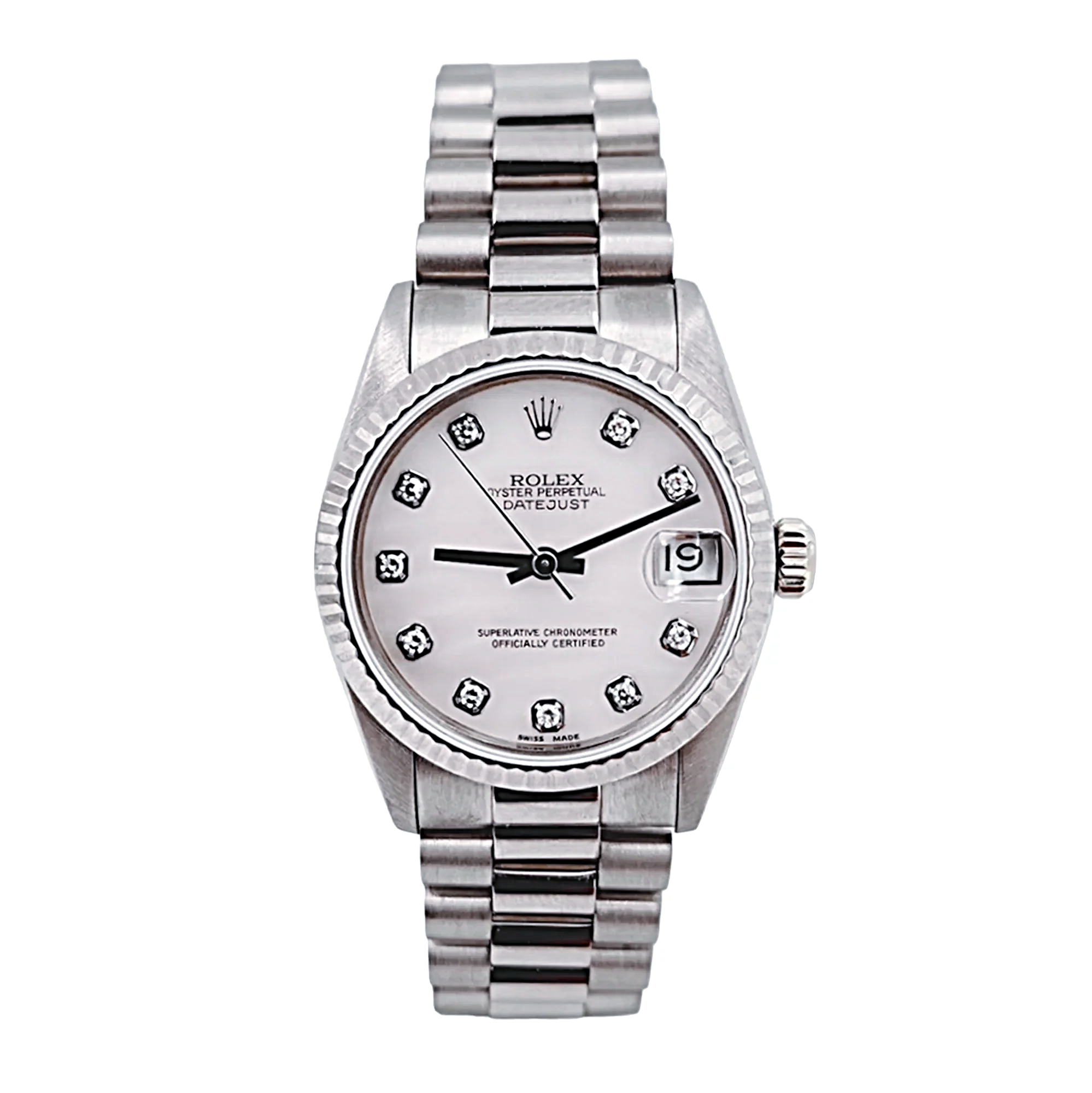 Ladies Midsize Rolex 31mm DateJust 18K White Gold Watch with Pink Diamond Dial and Fluted Bezel. (Pre-Owned 68279)