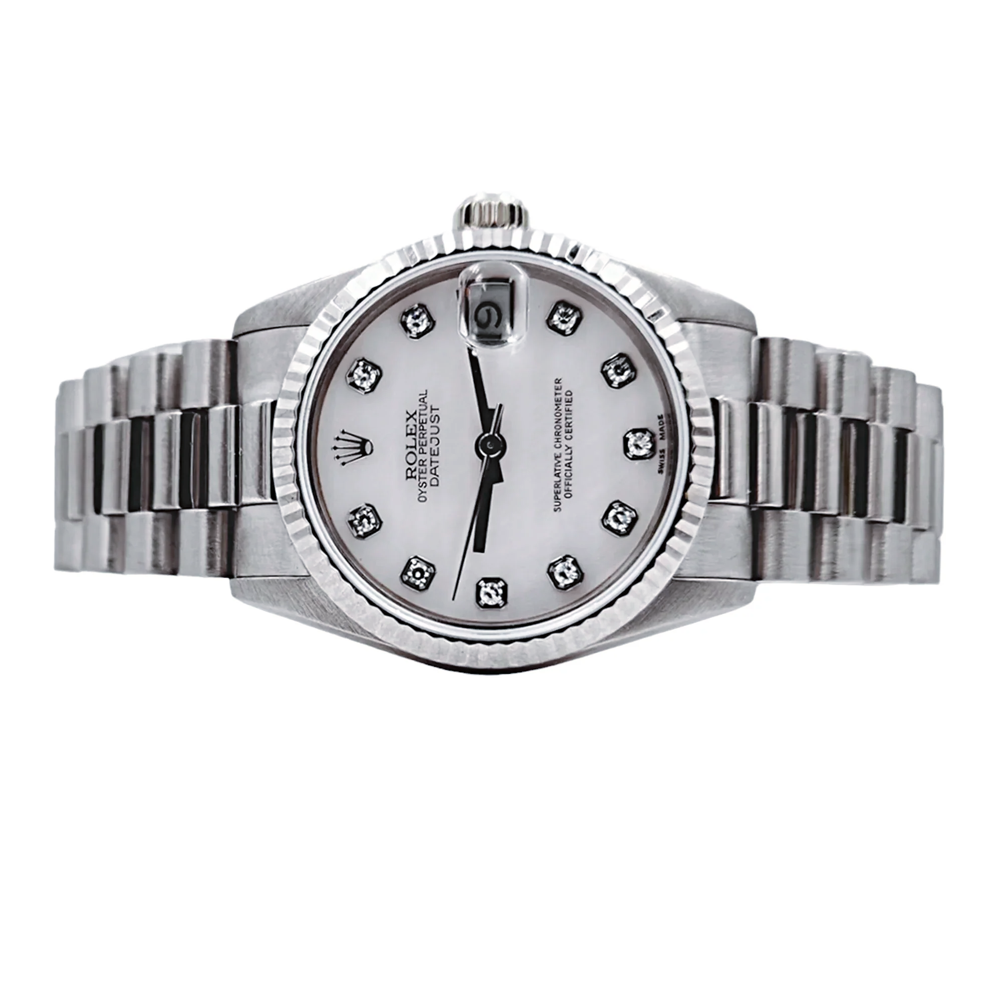 Ladies Midsize Rolex 31mm DateJust 18K White Gold Watch with Pink Diamond Dial and Fluted Bezel. (Pre-Owned 68279)