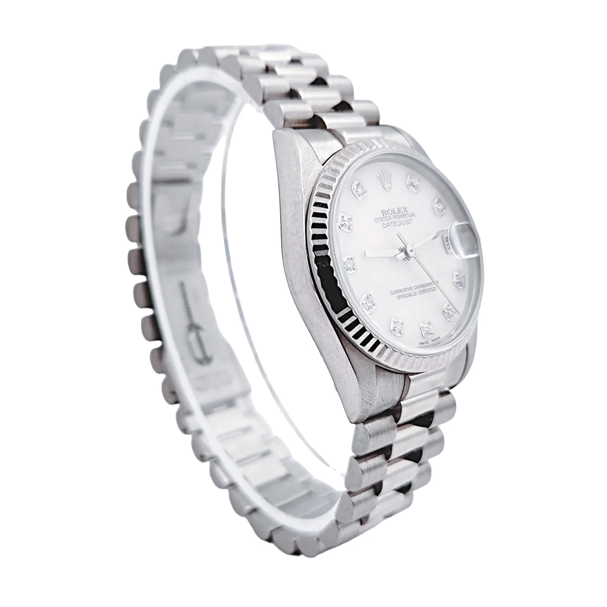 Ladies Midsize Rolex 31mm DateJust 18K White Gold Watch with Pink Diamond Dial and Fluted Bezel. (Pre-Owned 68279)