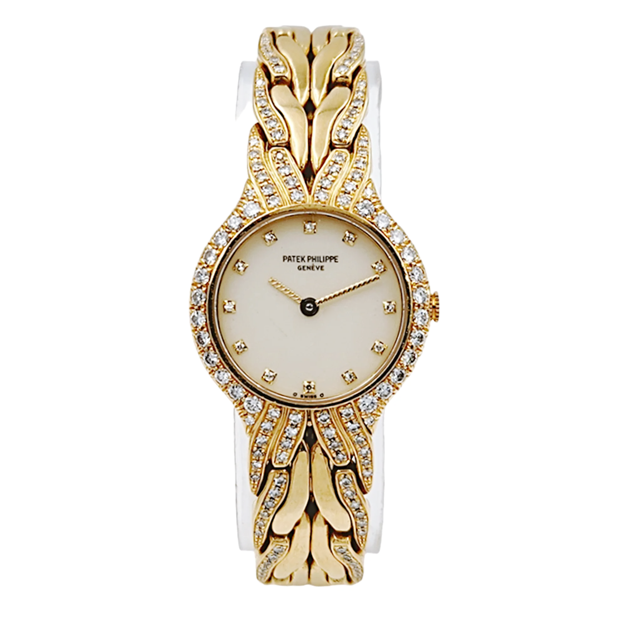 Ladies Patek Philippe 23mm La Flamme 18K Yellow Gold Watch with Cream Diamond Dial and Diamond Bezel. (Pre-Owned Model 4816/3)