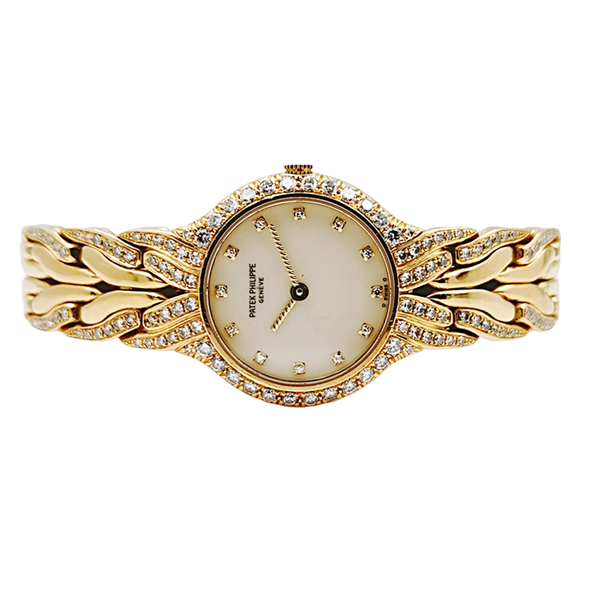 Ladies Patek Philippe 23mm La Flamme 18K Yellow Gold Watch with Cream Diamond Dial and Diamond Bezel. (Pre-Owned Model 4816/3)