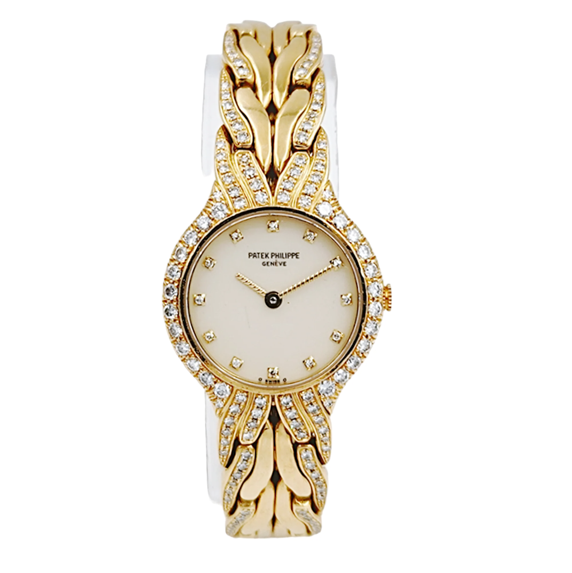 Ladies Patek Philippe 23mm La Flamme 18K Yellow Gold Watch with Cream Diamond Dial and Diamond Bezel. (Pre-Owned Model 4816/3)