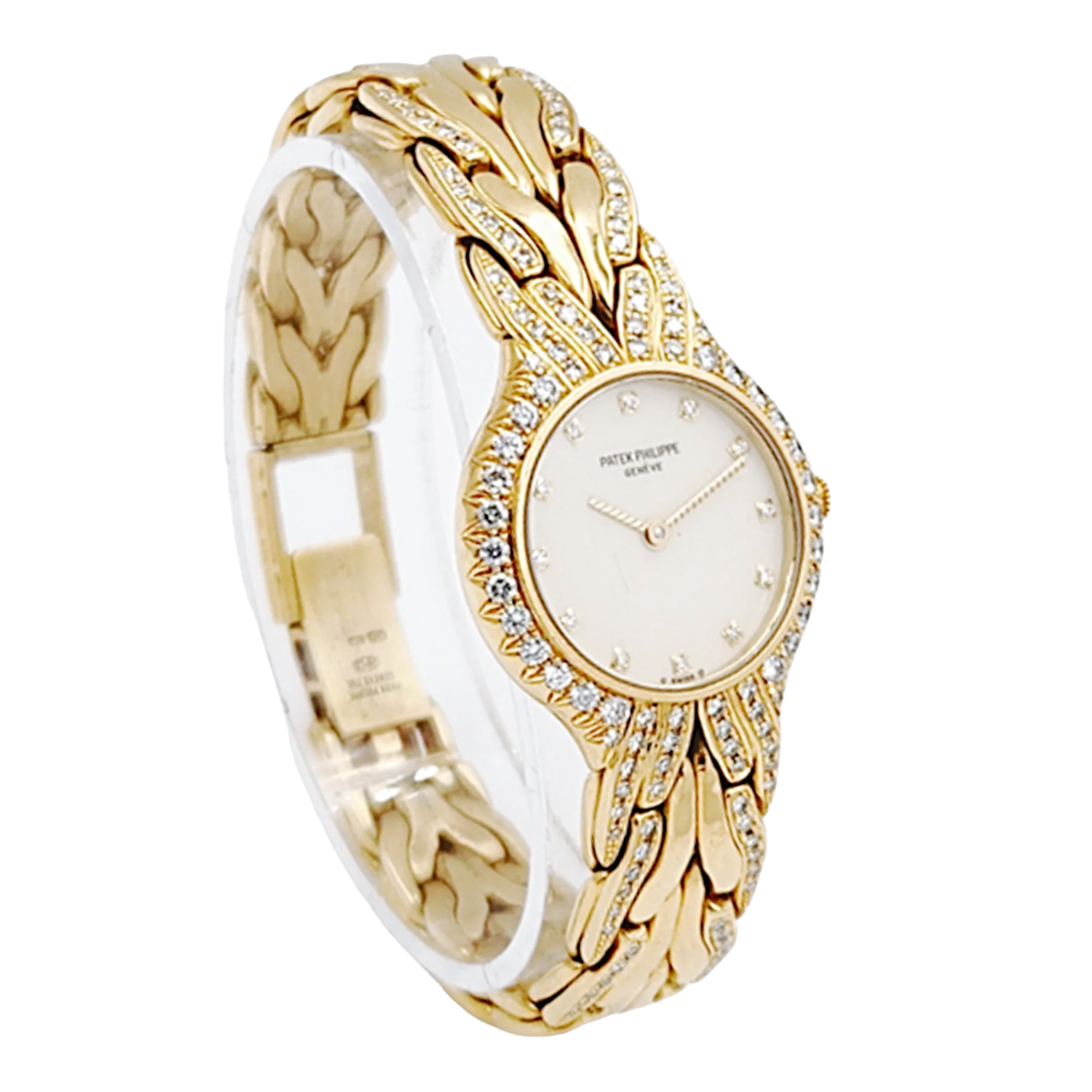 Ladies Patek Philippe 23mm La Flamme 18K Yellow Gold Watch with Cream Diamond Dial and Diamond Bezel. (Pre-Owned Model 4816/3)