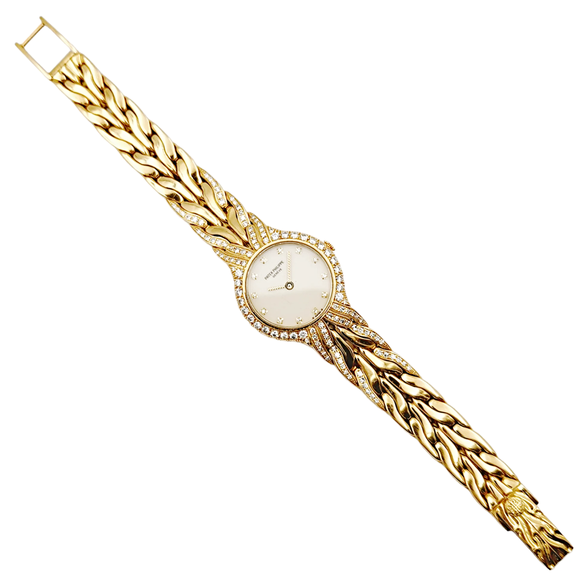 Ladies Patek Philippe 23mm La Flamme 18K Yellow Gold Watch with Cream Diamond Dial and Diamond Bezel. (Pre-Owned Model 4816/3)