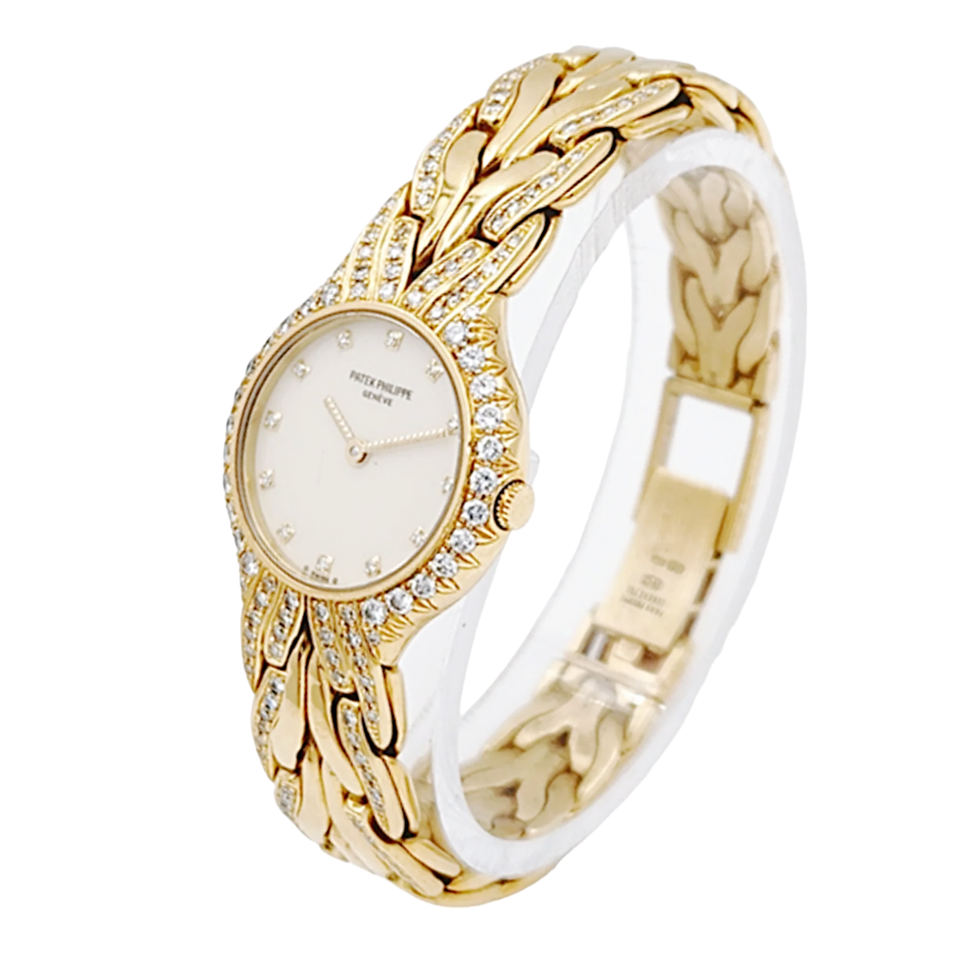 Ladies Patek Philippe 23mm La Flamme 18K Yellow Gold Watch with Cream Diamond Dial and Diamond Bezel. (Pre-Owned Model 4816/3)