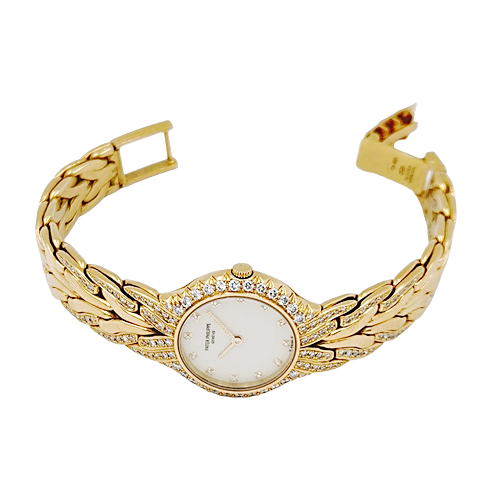 Ladies Patek Philippe 23mm La Flamme 18K Yellow Gold Watch with Cream Diamond Dial and Diamond Bezel. (Pre-Owned Model 4816/3)