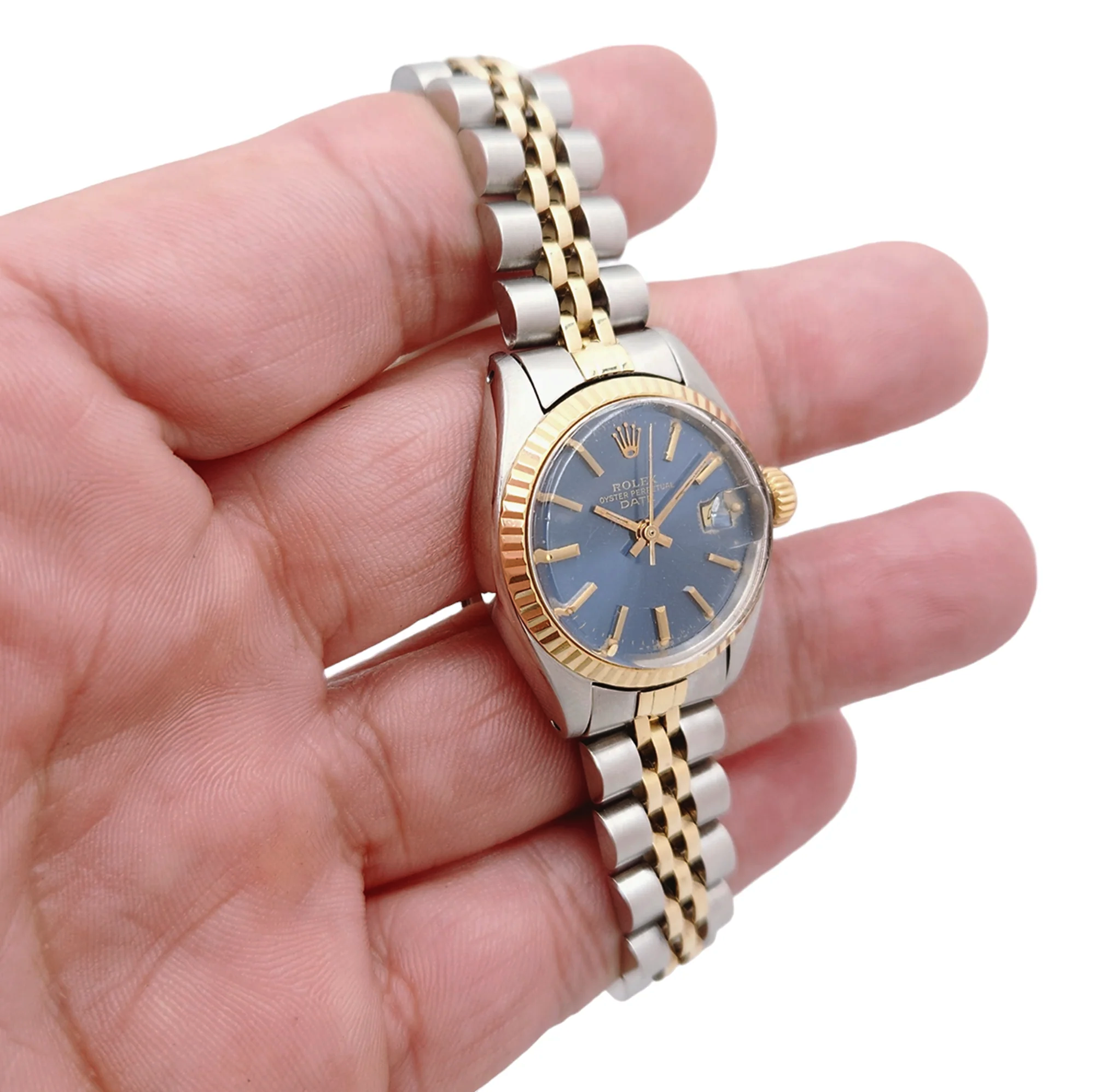 Ladies Rolex 26mm DateJust Two Tone 18K Yellow Gold / Stainless Steel Watch with Blue Dial and Fluted Bezel. (Pre-Owned 6917)