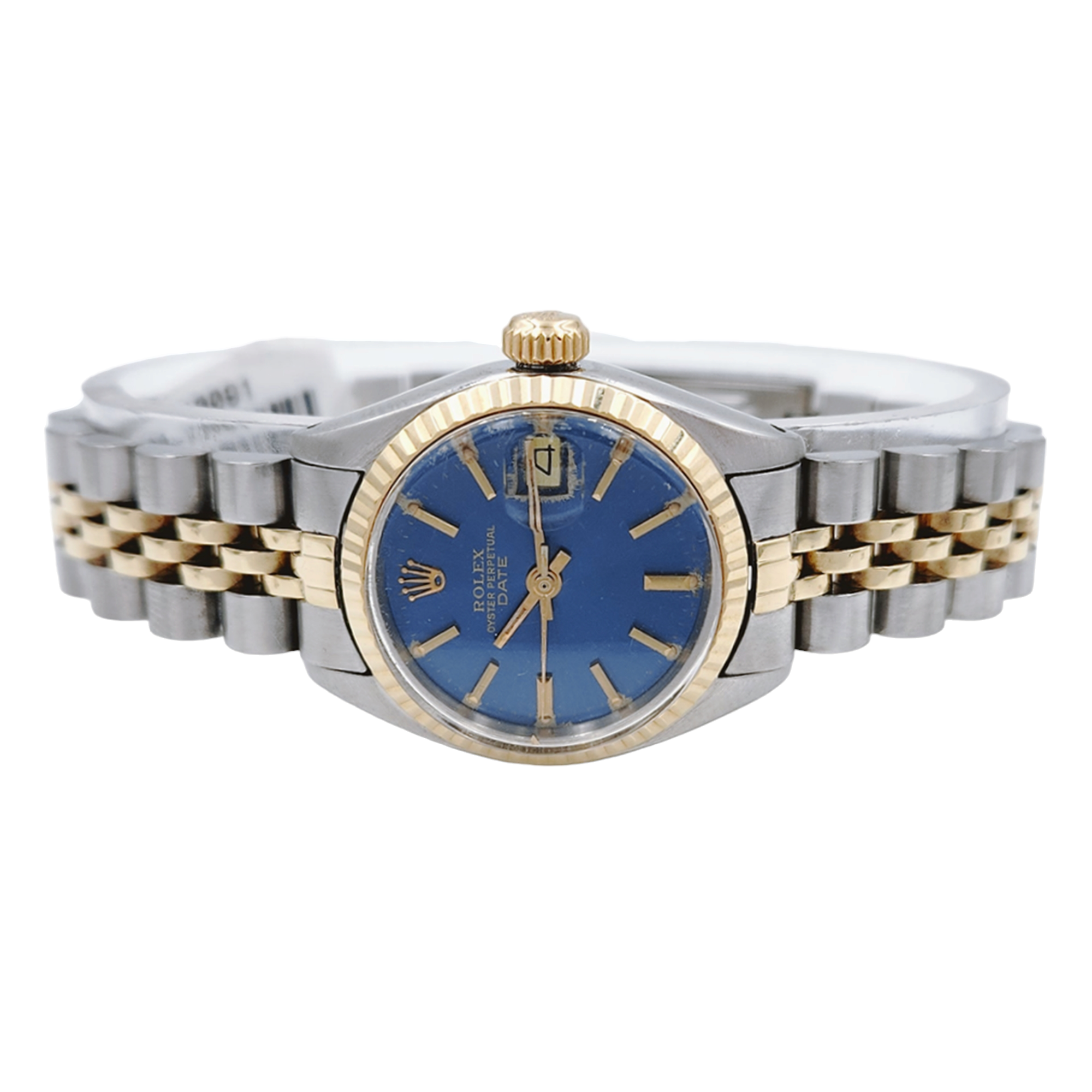 Ladies Rolex 26mm DateJust Two Tone 18K Yellow Gold / Stainless Steel Watch with Blue Dial and Fluted Bezel. (Pre-Owned 6917)