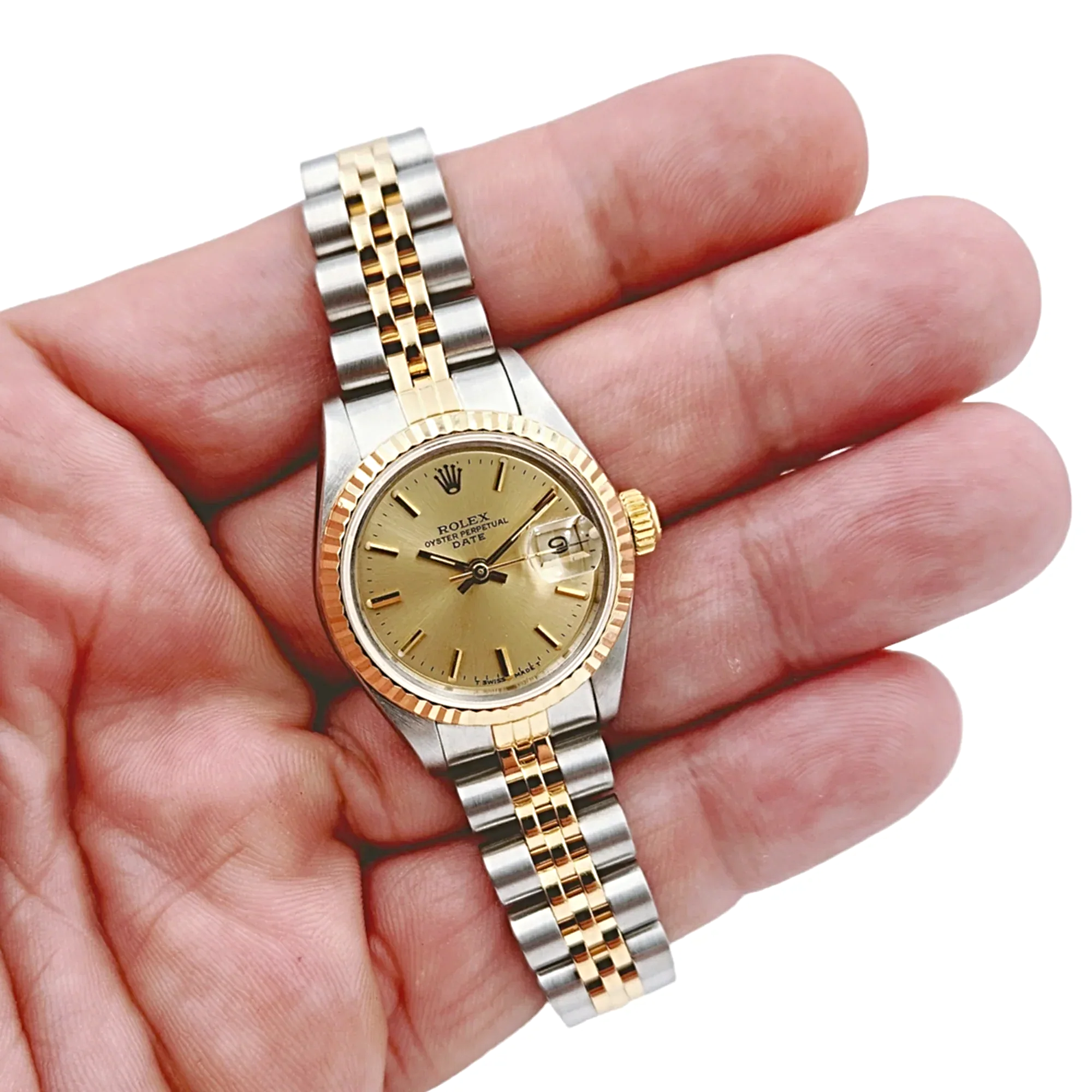 Ladies Rolex 26mm Date 18K Yellow Gold Two Tone Watch with Champagne Dial and Fluted Bezel. (Pre-Owned 69173)