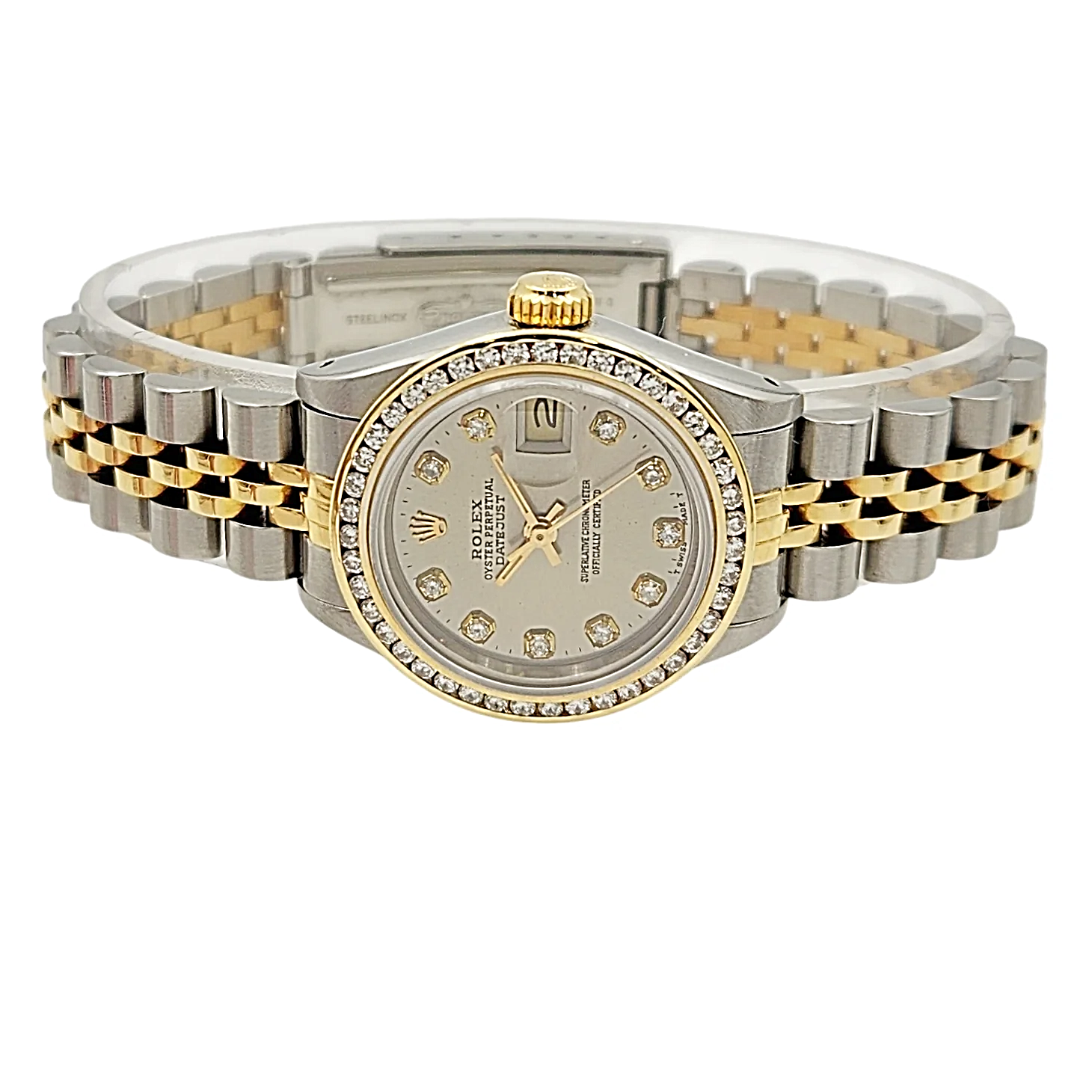 Ladies Rolex 26mm Datejust 18K Yellow Gold / Stainless Steel Two Tone Watch with Silver Diamond Dial and Diamond Bezel. (Pre-Owned 69173)
