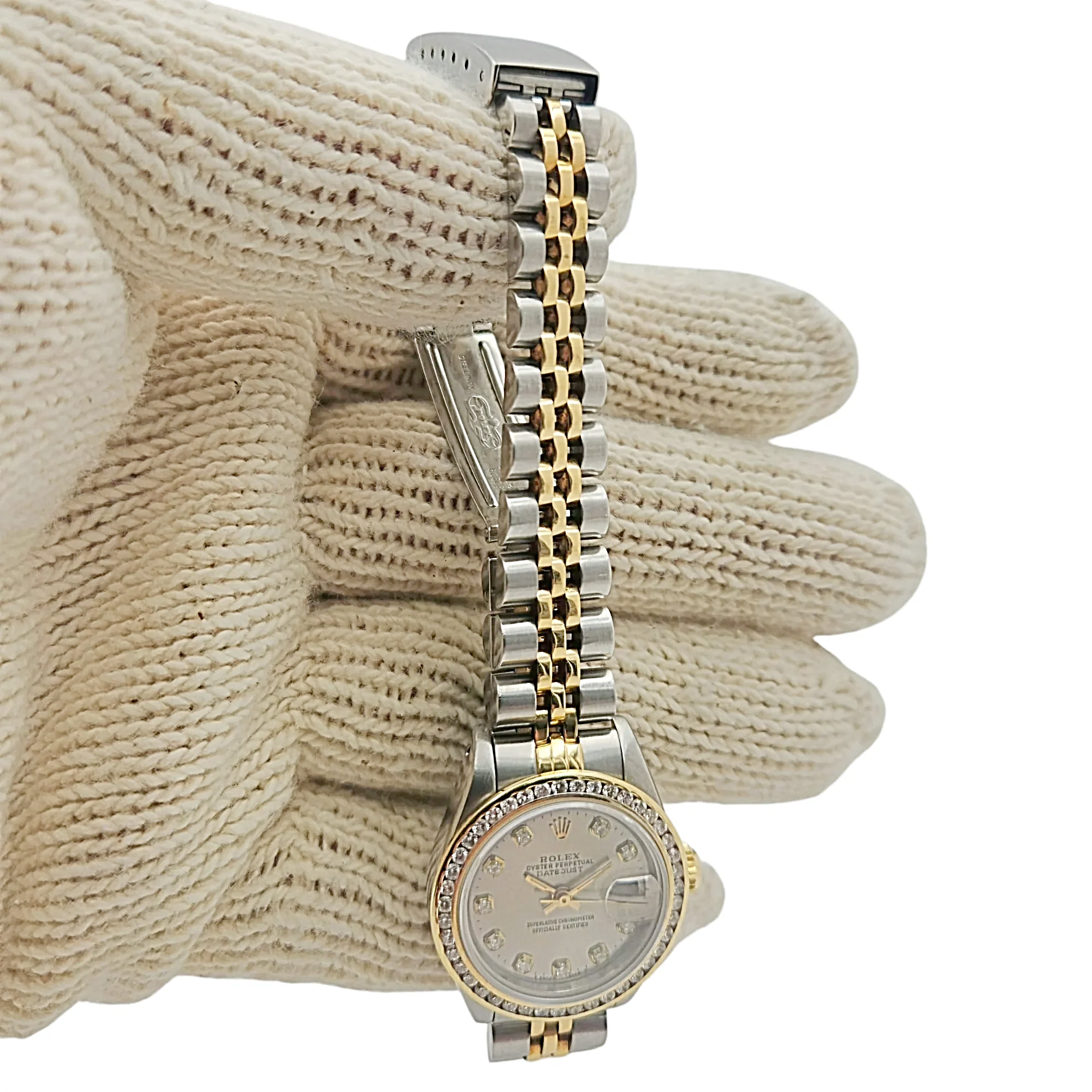 Ladies Rolex 26mm Datejust 18K Yellow Gold / Stainless Steel Two Tone Watch with Silver Diamond Dial and Diamond Bezel. (Pre-Owned 69173)