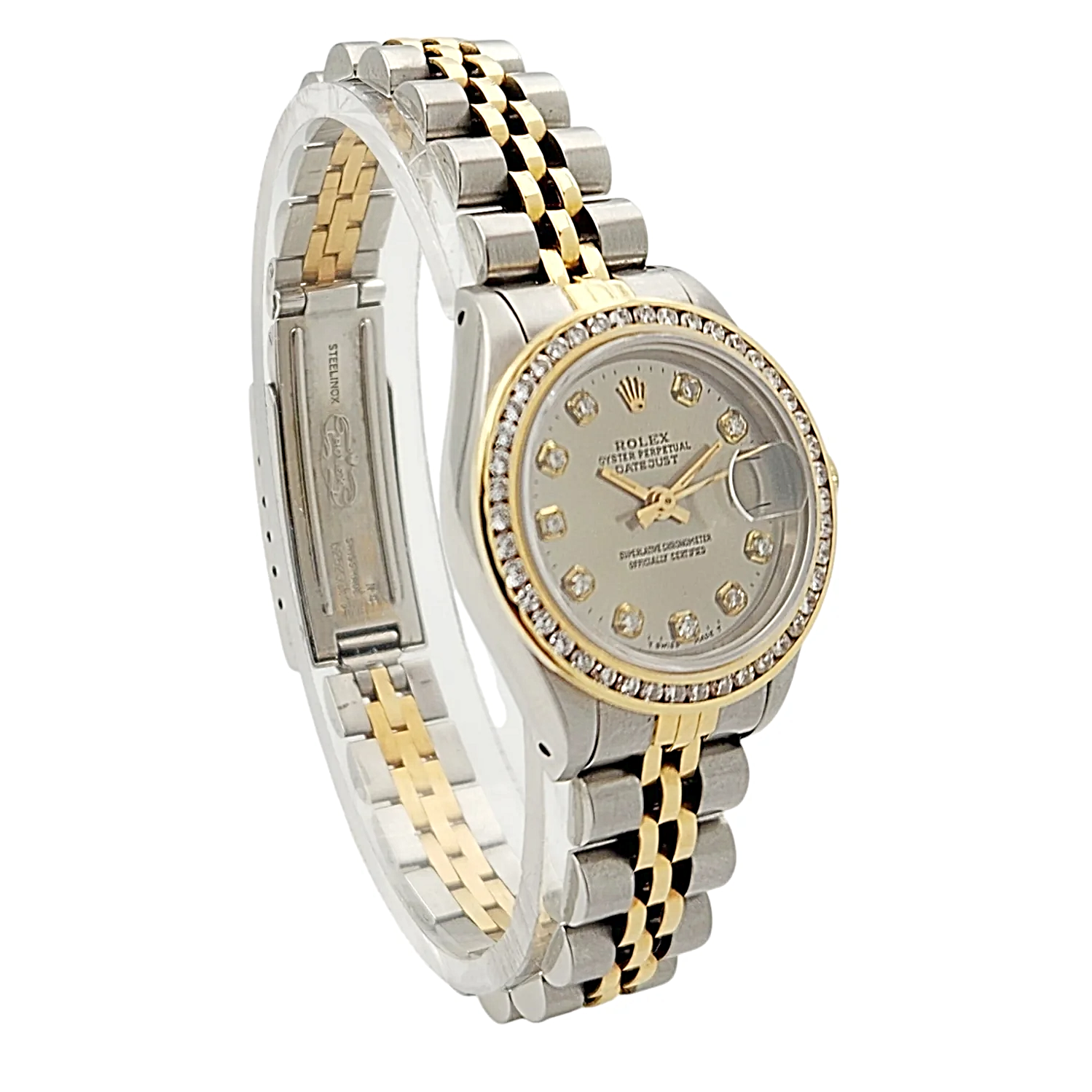 Ladies Rolex 26mm Datejust 18K Yellow Gold / Stainless Steel Two Tone Watch with Silver Diamond Dial and Diamond Bezel. (Pre-Owned 69173)