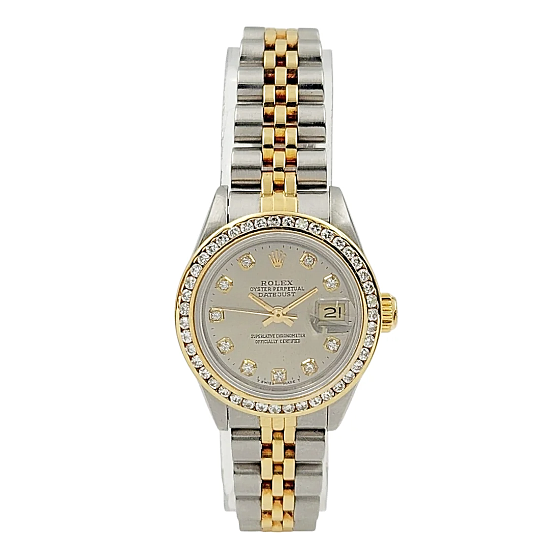 Ladies Rolex 26mm Datejust 18K Yellow Gold / Stainless Steel Two Tone Watch with Silver Diamond Dial and Diamond Bezel. (Pre-Owned 69173)