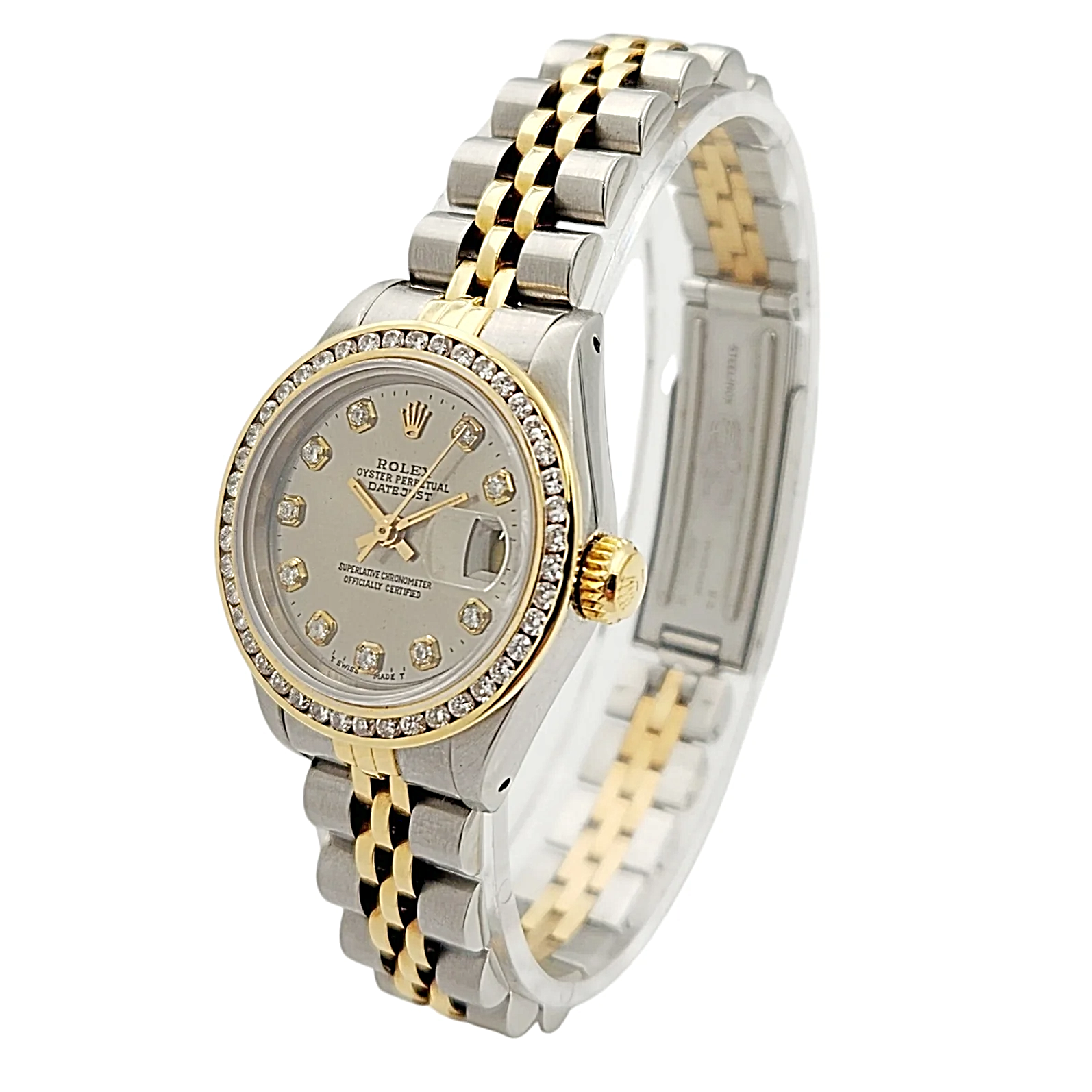 Ladies Rolex 26mm Datejust 18K Yellow Gold / Stainless Steel Two Tone Watch with Silver Diamond Dial and Diamond Bezel. (Pre-Owned 69173)