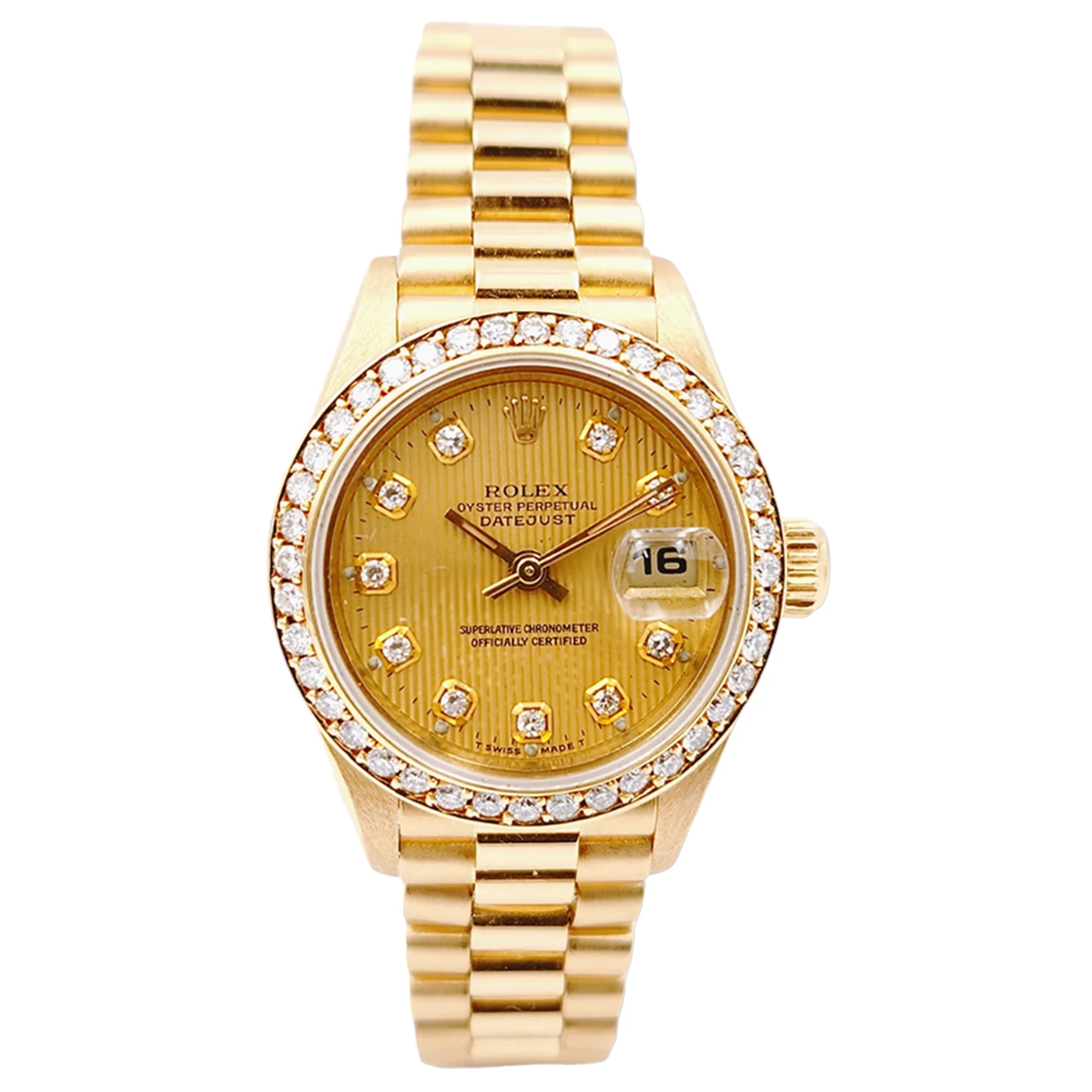Ladies Rolex 26mm Presidential 18K Solid Yellow Gold Watch with Gold Tapestry Diamond Dial and Diamond Bezel. (Pre-Owned 69174)