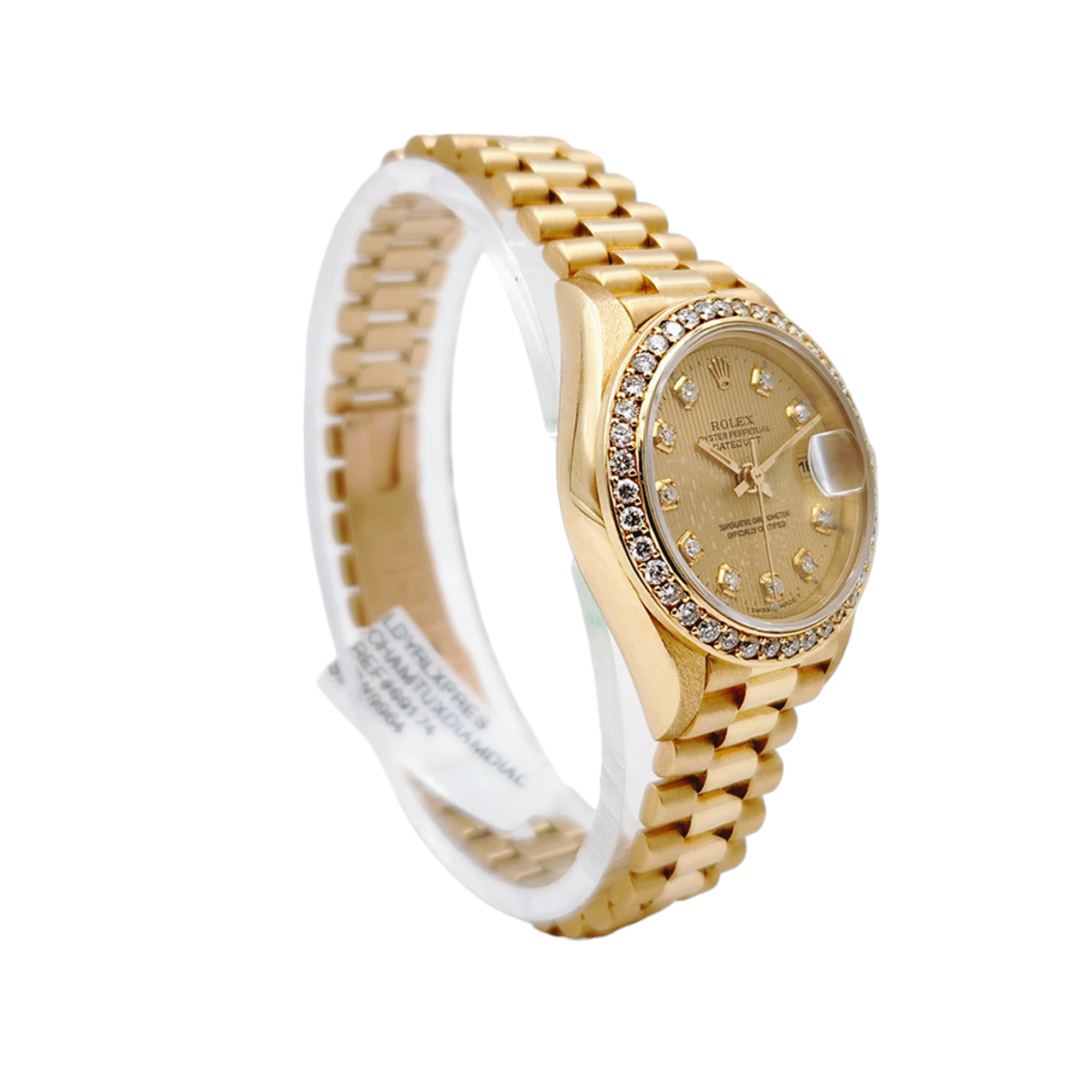 Ladies Rolex 26mm Presidential 18K Solid Yellow Gold Watch with Gold Tapestry Diamond Dial and Diamond Bezel. (Pre-Owned 69174)