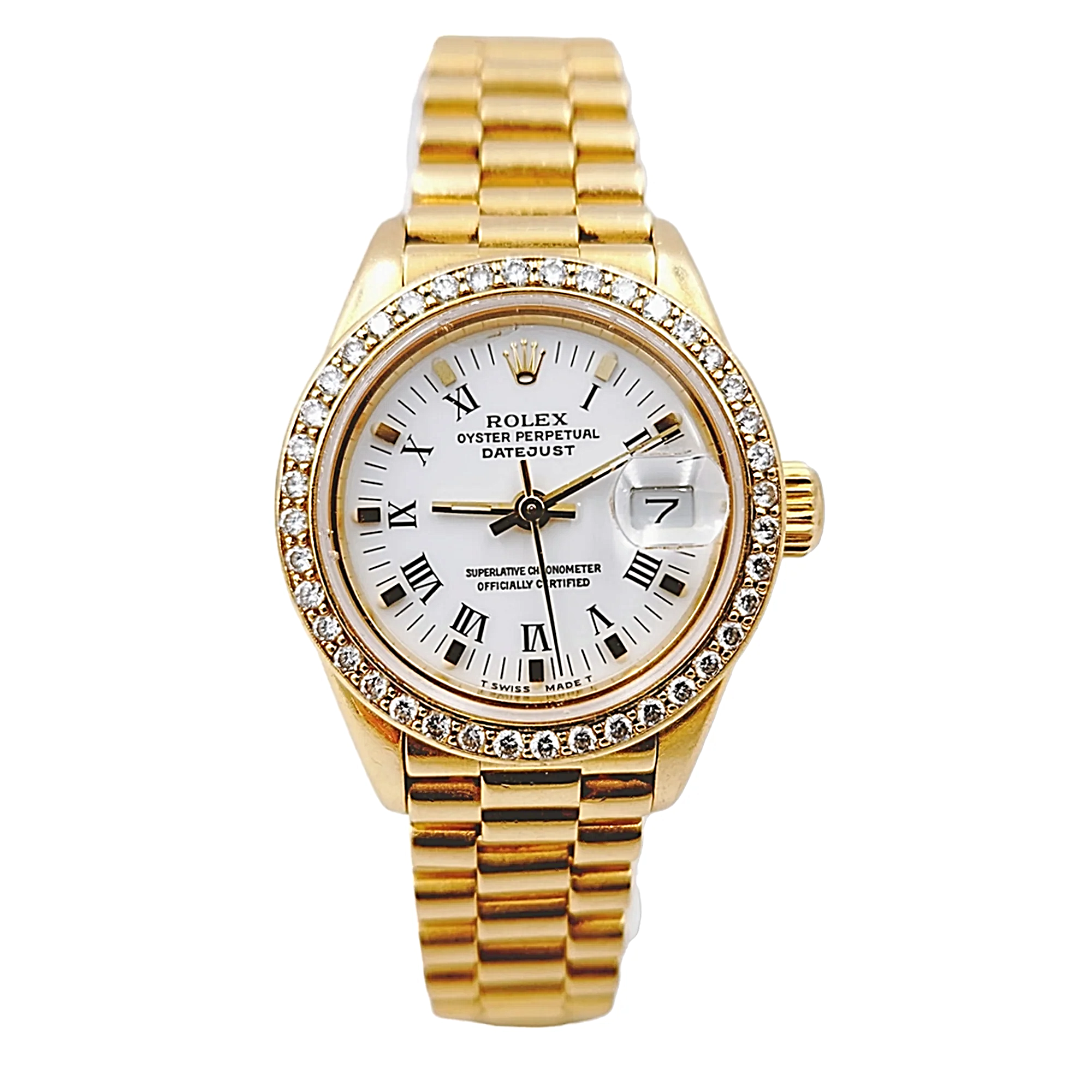 Ladies Rolex 26mm Presidential 18K Yellow Gold Watch with White Roman Numeral Dial and Diamond Bezel. (Pre-Owned 69178)