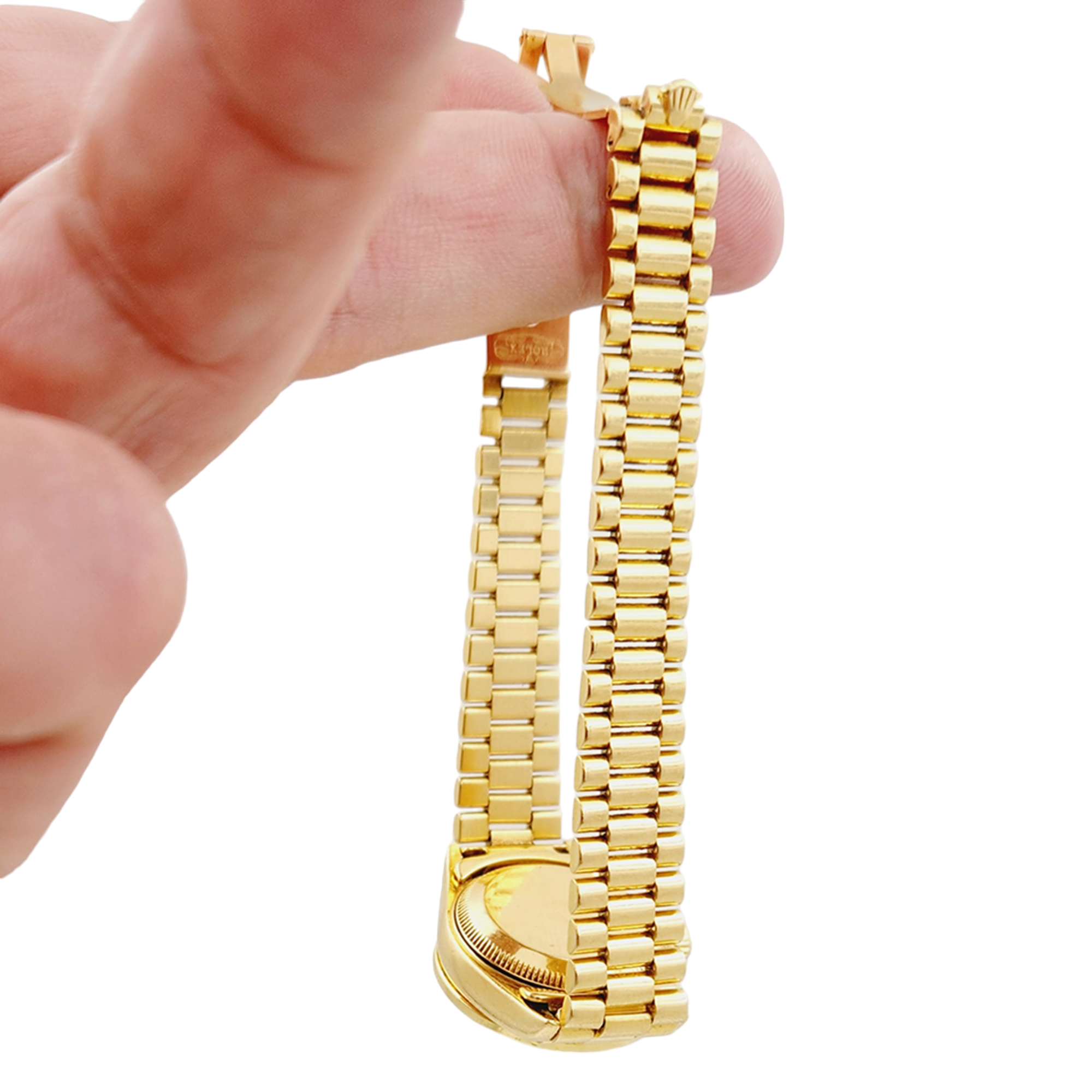 Ladies Rolex 26mm Presidential 18K Yellow Gold Watch with White Roman Numeral Dial and Diamond Bezel. (Pre-Owned 69178)