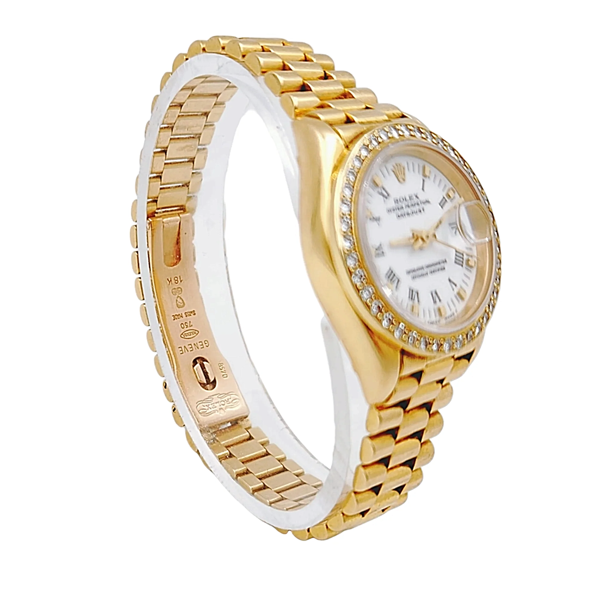 Ladies Rolex 26mm Presidential 18K Yellow Gold Watch with White Roman Numeral Dial and Diamond Bezel. (Pre-Owned 69178)
