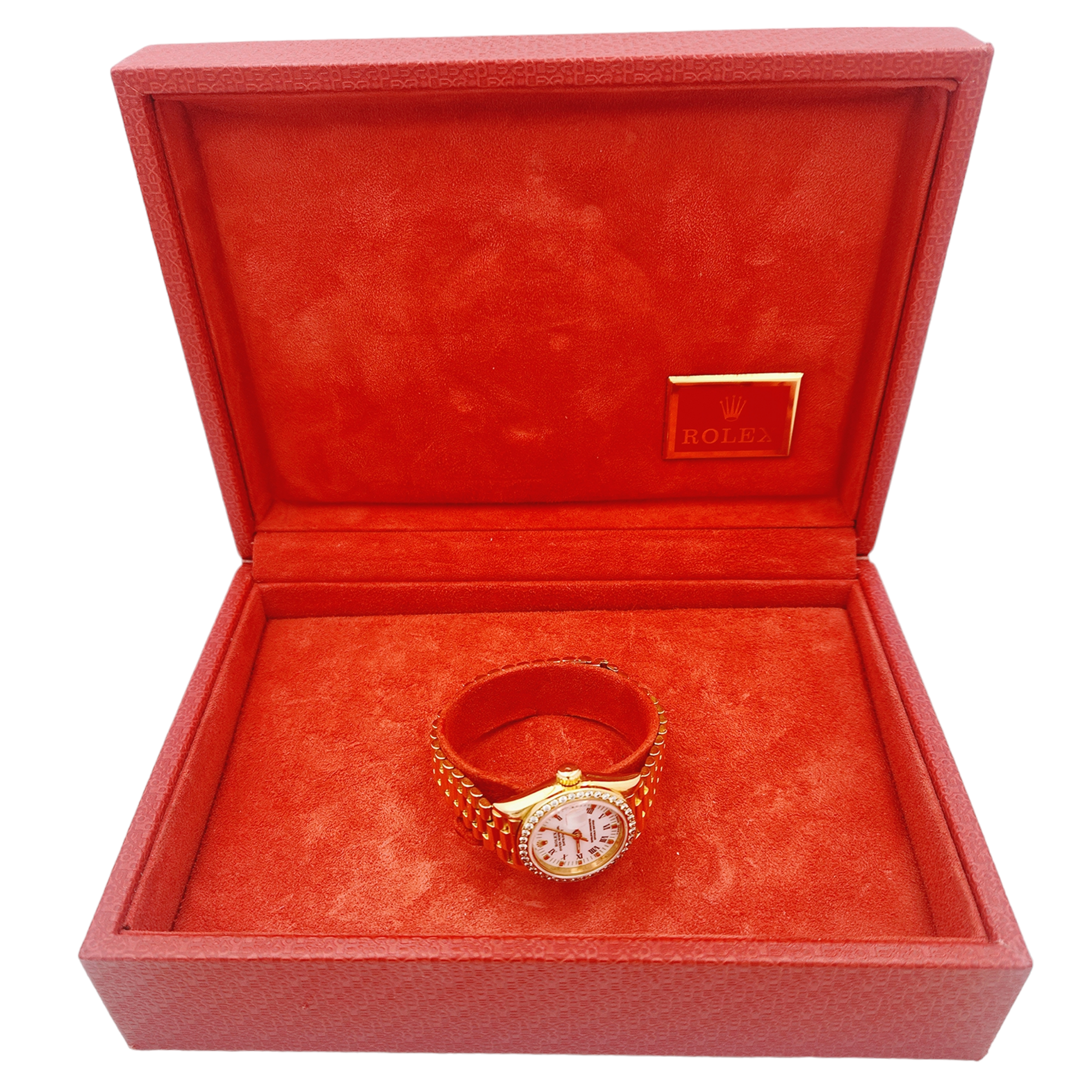 Ladies Rolex 26mm Presidential 18K Yellow Gold Watch with White Roman Numeral Dial and Diamond Bezel. (Pre-Owned 69178)