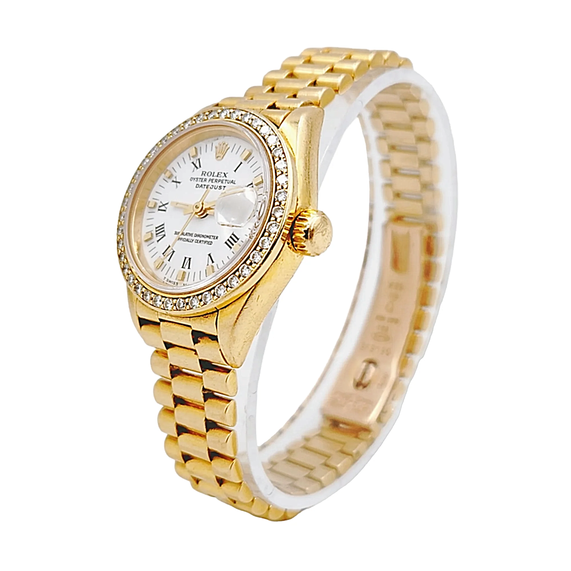 Ladies Rolex 26mm Presidential 18K Yellow Gold Watch with White Roman Numeral Dial and Diamond Bezel. (Pre-Owned 69178)