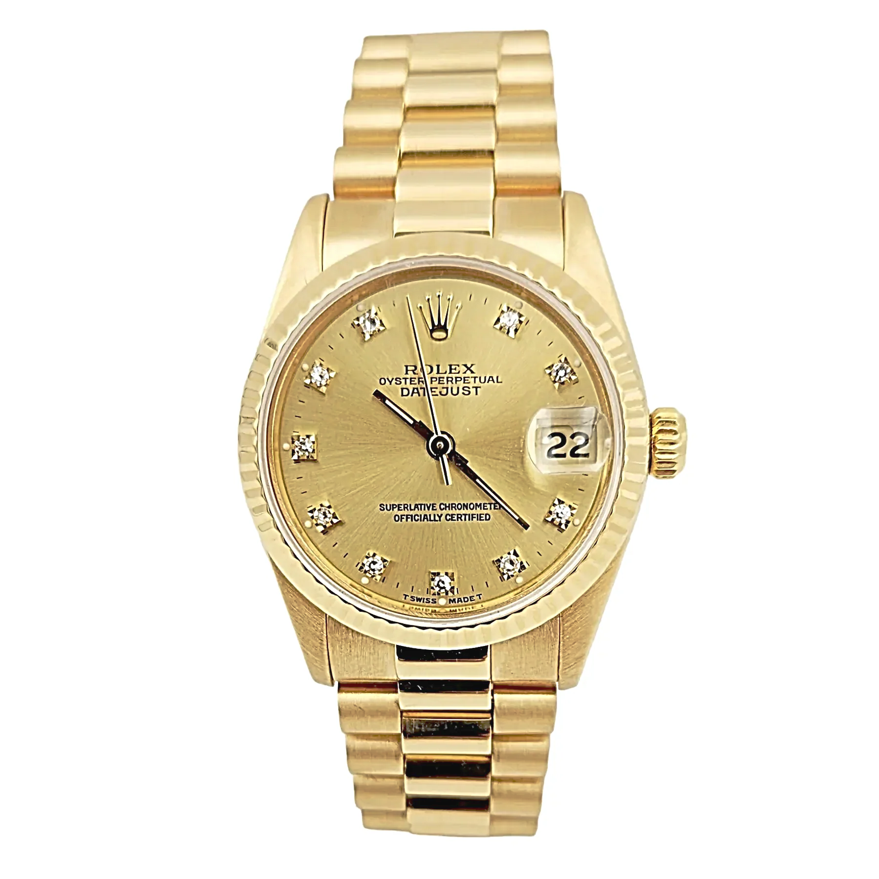 Ladies Rolex 31mm Midsize Presidential 18K Solid Yellow Gold Watch with Champagne Diamond Dial and Fluted Bezel. (Pre-Owned 68278)