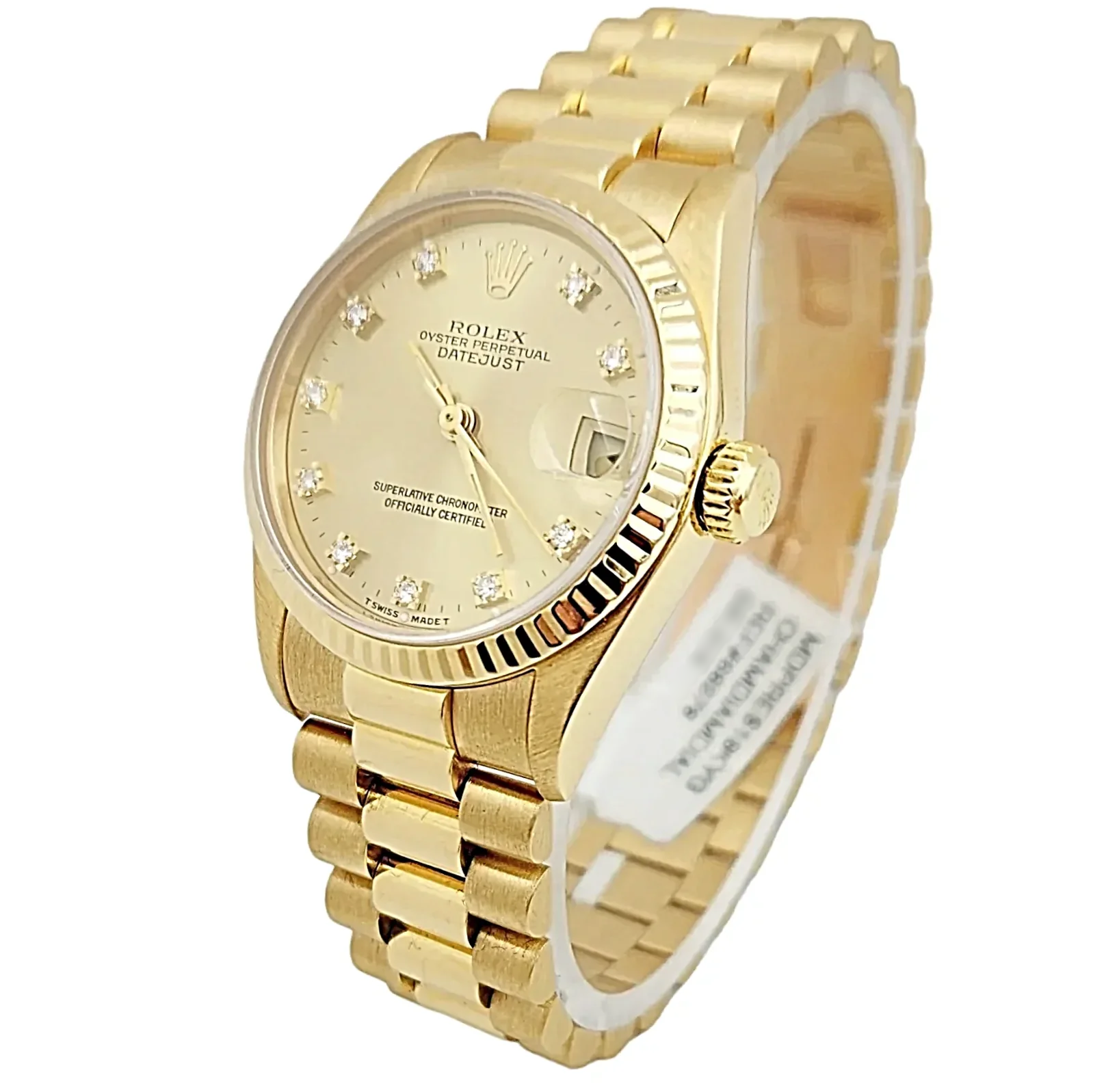 Ladies Rolex 31mm Midsize Presidential 18K Solid Yellow Gold Watch with Champagne Diamond Dial and Fluted Bezel. (Pre-Owned 68278)