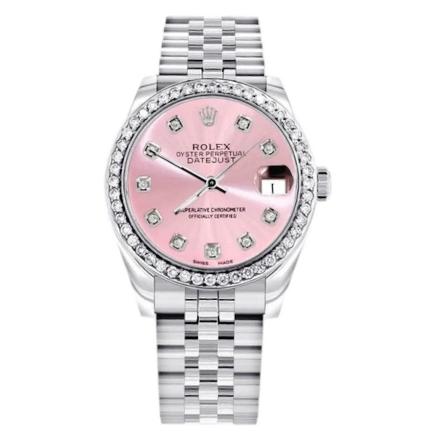 Ladies Rolex DateJust 31mm Midsize Stainless Steel Watch with Mother of Pearl Pink Diamond Dial and Diamond Bezel. (Pre-Owned 68274)