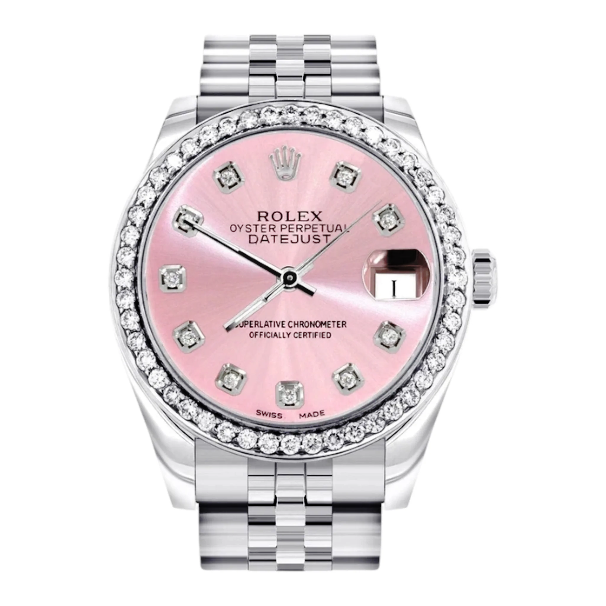 Ladies Rolex DateJust 31mm Midsize Stainless Steel Watch with Mother of Pearl Pink Diamond Dial and Diamond Bezel. (Pre-Owned 68274)