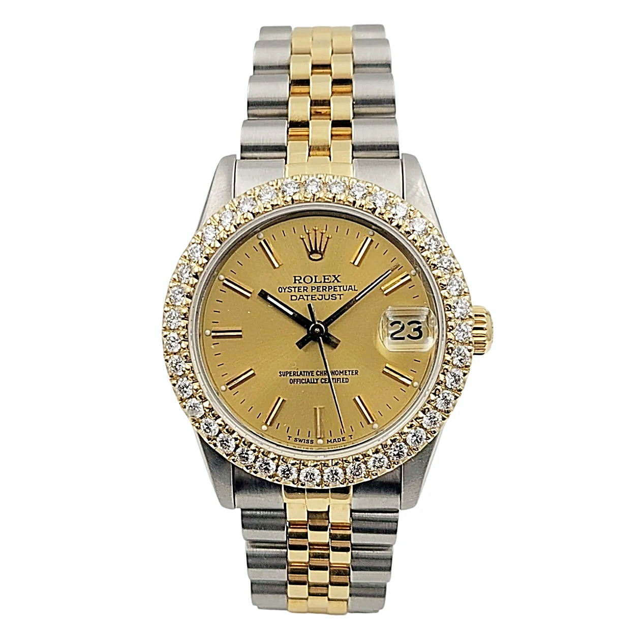Ladies Rolex Midsize 31mm DateJust Two Tone 18K Yellow Gold / Stainless Steel Watch with Gold Dial and Diamond Bezel. (Pre-Owned 68273)
