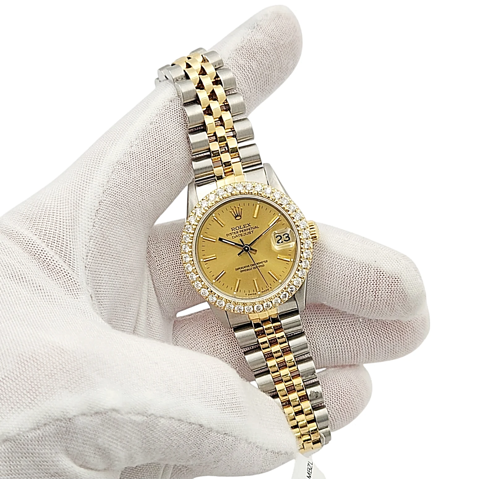 Ladies Rolex Midsize 31mm DateJust Two Tone 18K Yellow Gold / Stainless Steel Watch with Gold Dial and Diamond Bezel. (Pre-Owned 68273)
