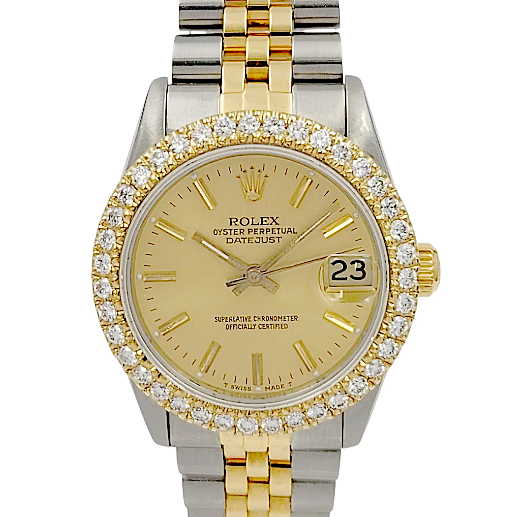 Ladies Rolex Midsize 31mm DateJust Two Tone 18K Yellow Gold / Stainless Steel Watch with Gold Dial and Diamond Bezel. (Pre-Owned 68273)