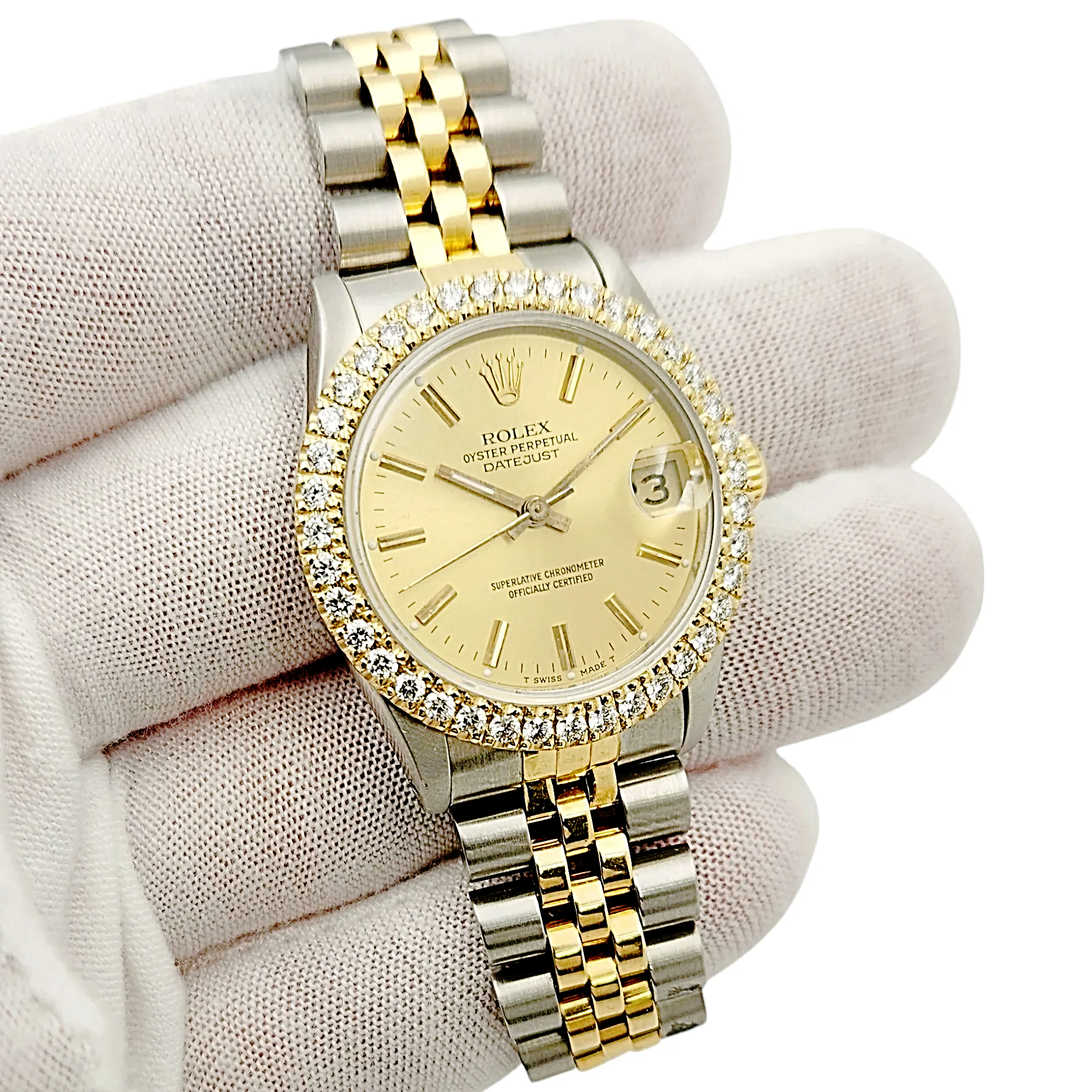Ladies Rolex Midsize 31mm DateJust Two Tone 18K Yellow Gold / Stainless Steel Watch with Gold Dial and Diamond Bezel. (Pre-Owned 68273)