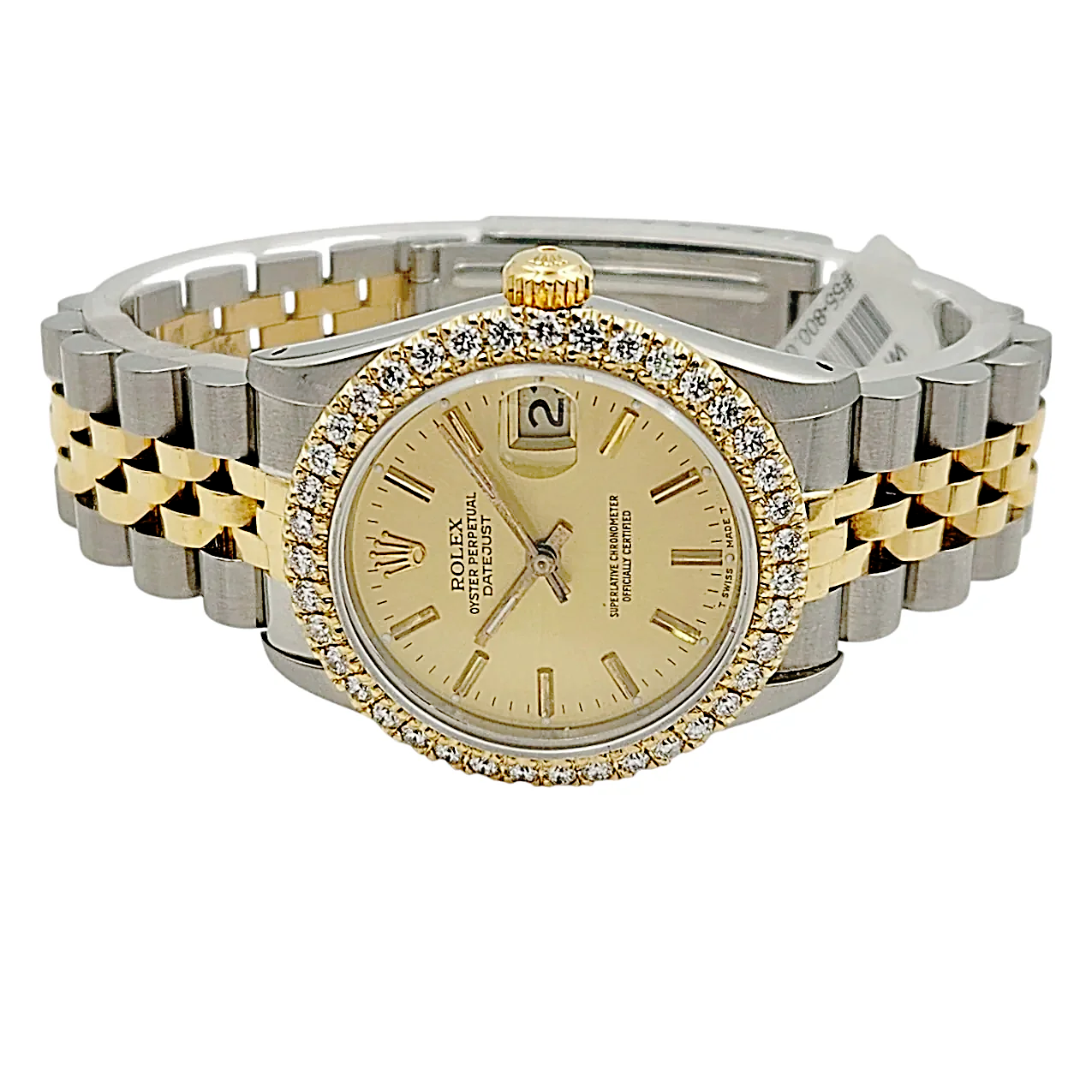 Ladies Rolex Midsize 31mm DateJust Two Tone 18K Yellow Gold / Stainless Steel Watch with Gold Dial and Diamond Bezel. (Pre-Owned 68273)